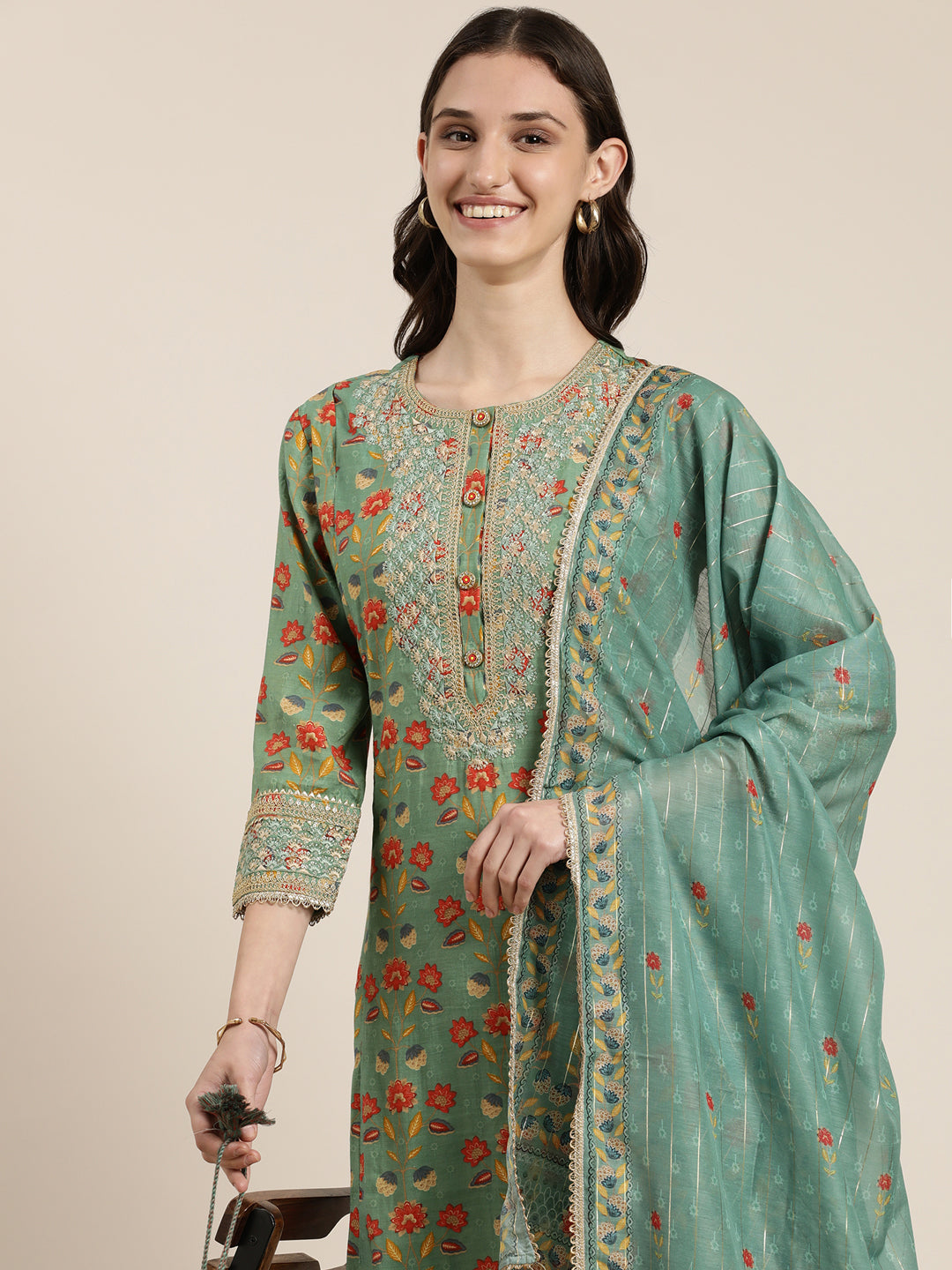 Women Green Floral Kurta Set