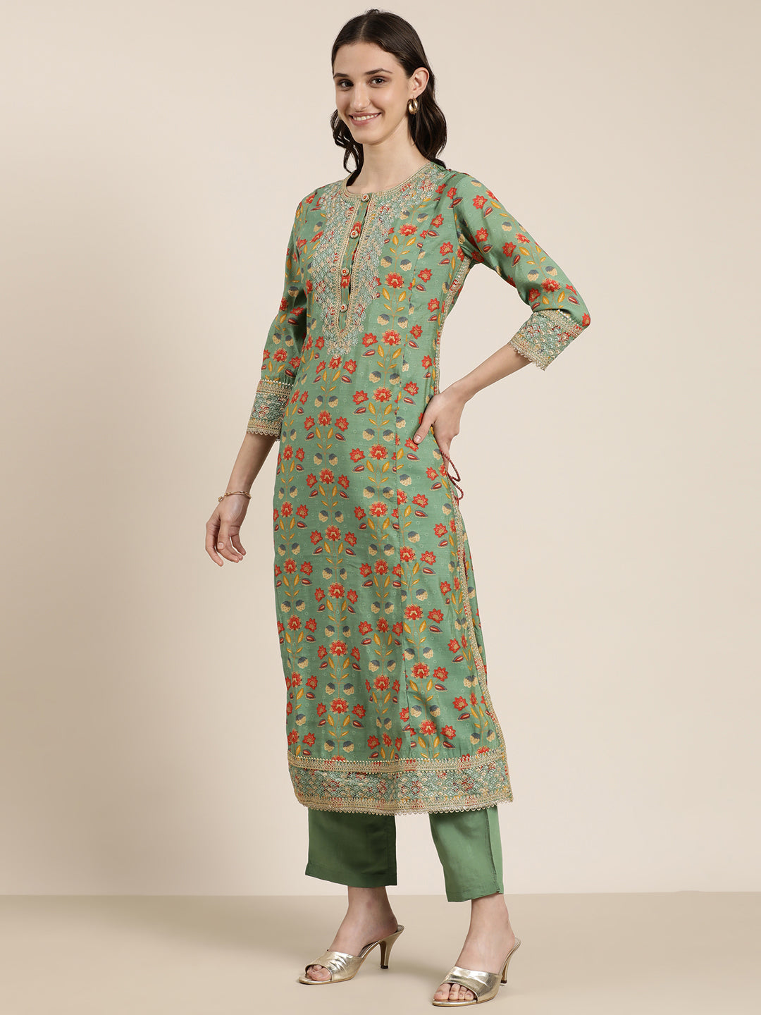 Women Green Floral Kurta Set