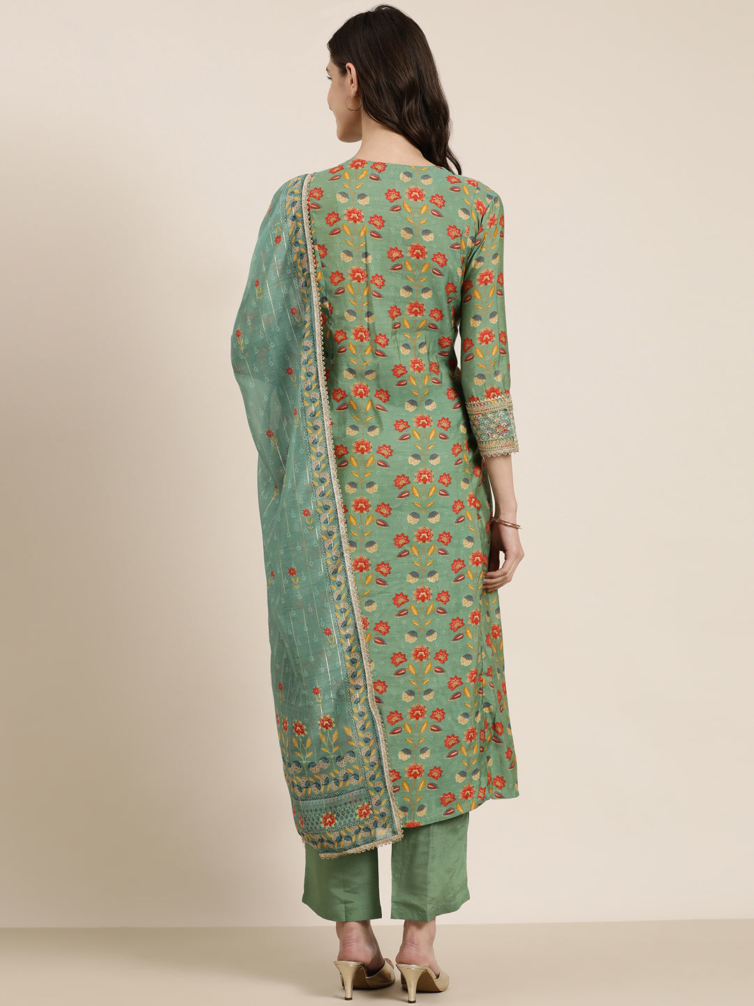 Women Green Floral Kurta Set