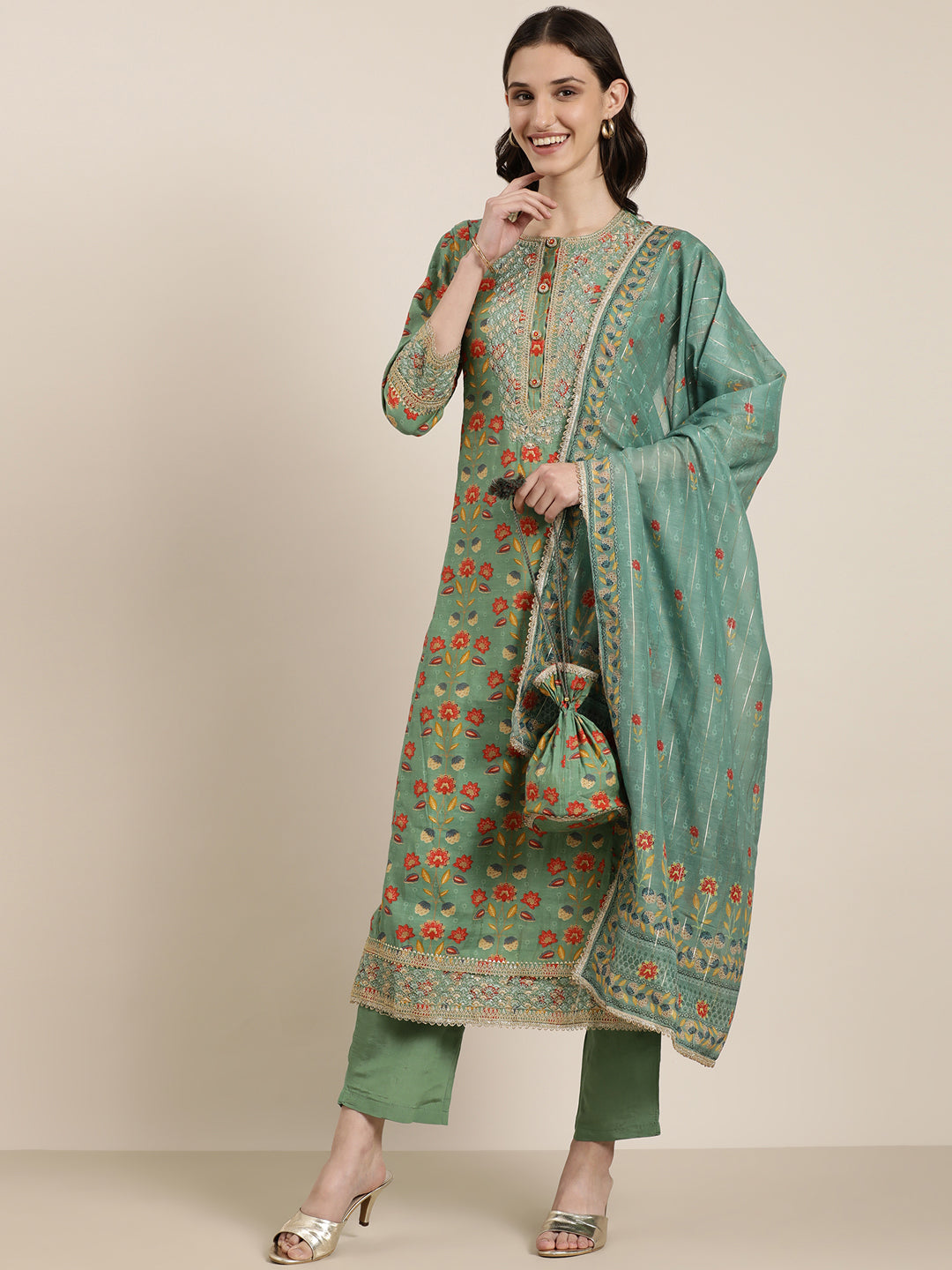 Women Green Floral Kurta Set