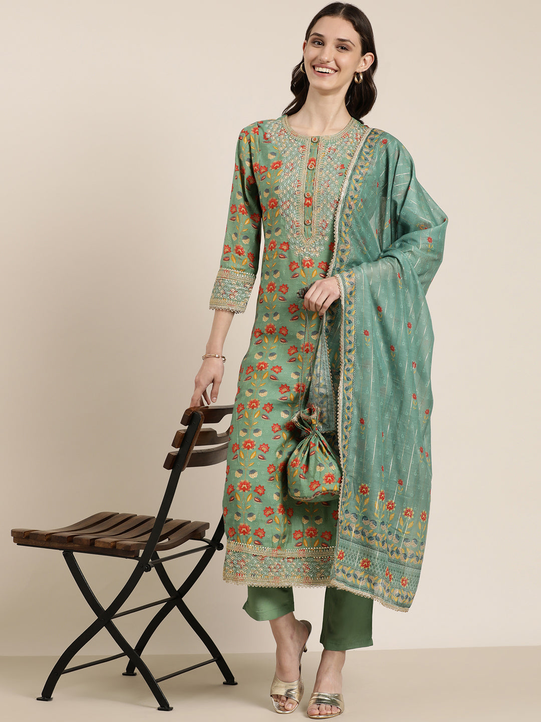 Women Green Floral Kurta Set