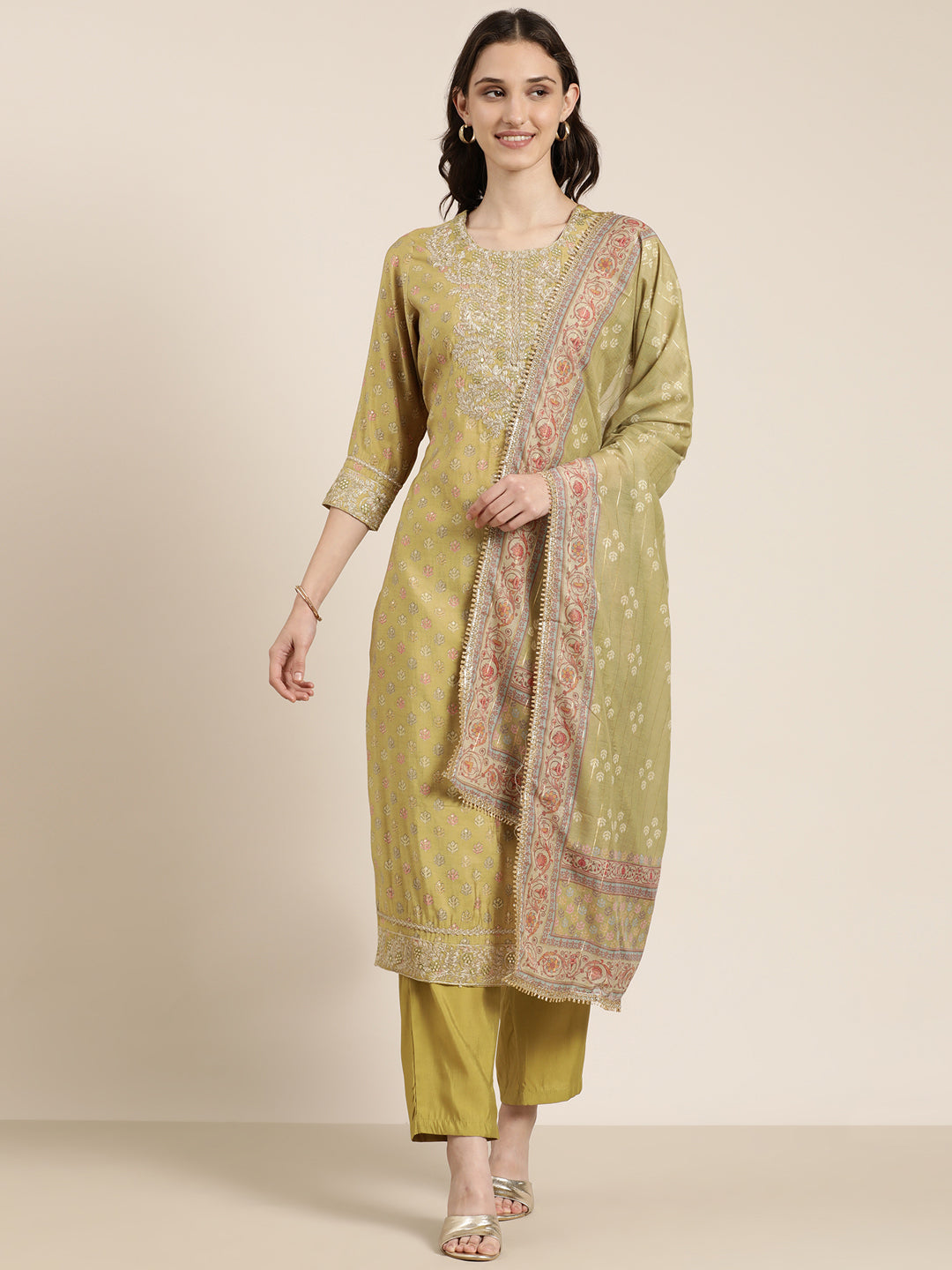 Women Olive Floral Kurta Set