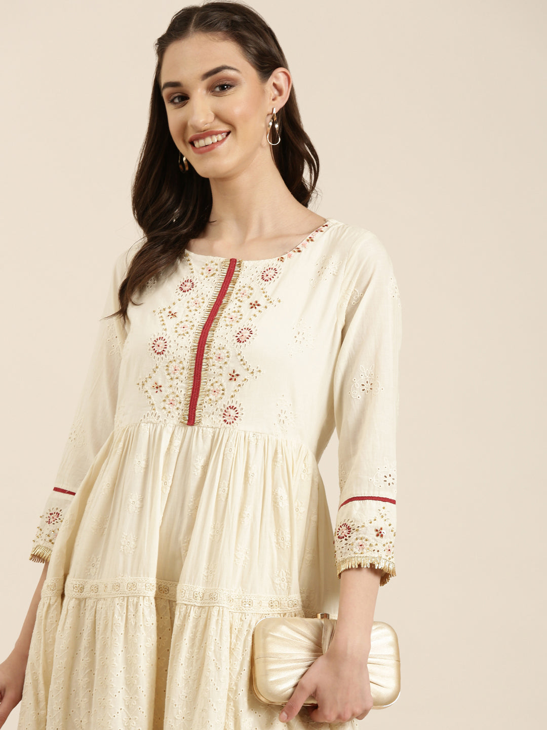 Women Cream Solid Anarkali Kurta