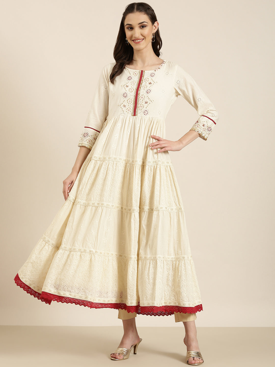 Women Cream Solid Anarkali Kurta