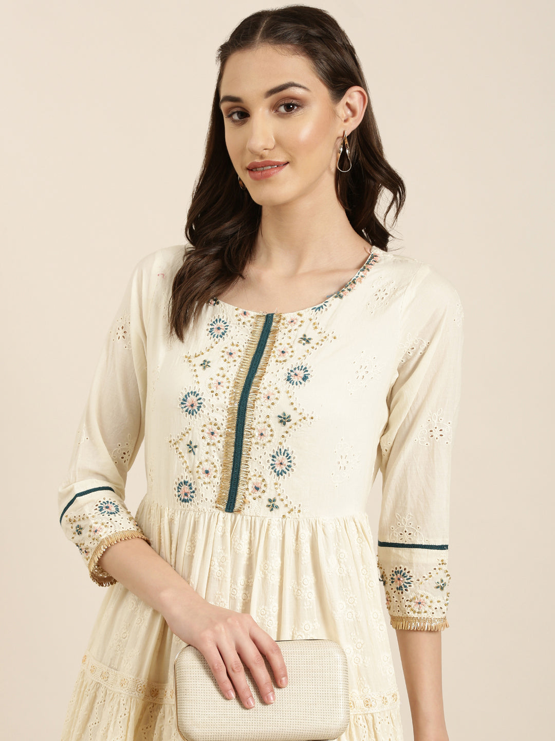 Women Off White Solid Anarkali Kurta