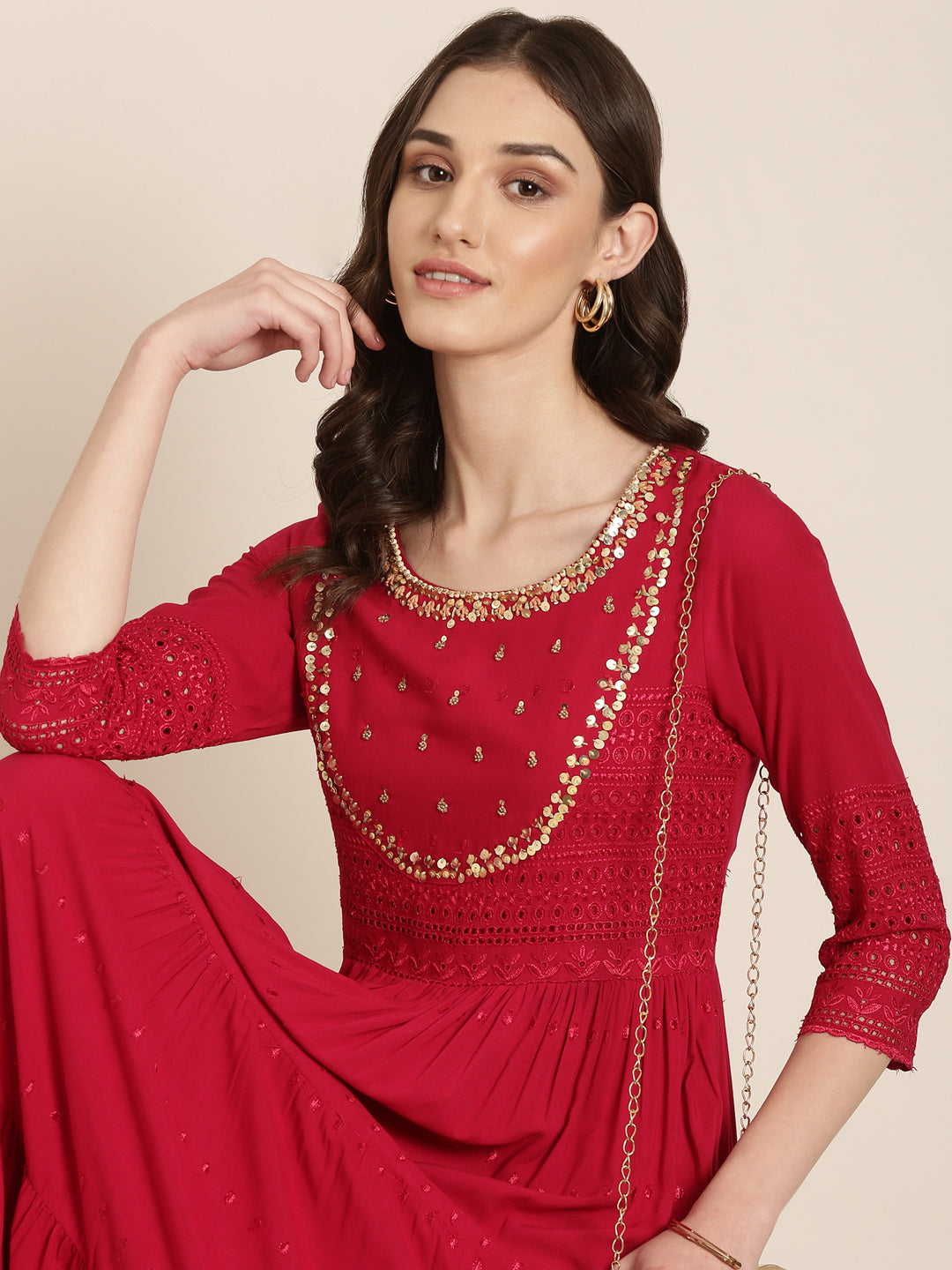 Women Maroon Embellished Fit and Flare Dress