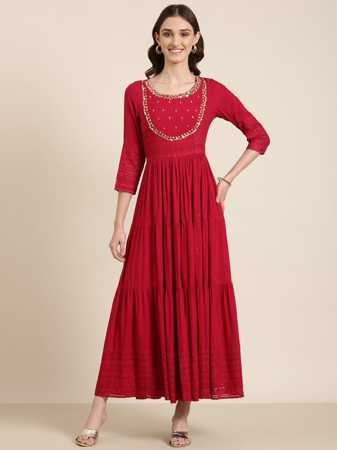 Women Maroon Embellished Fit and Flare Dress