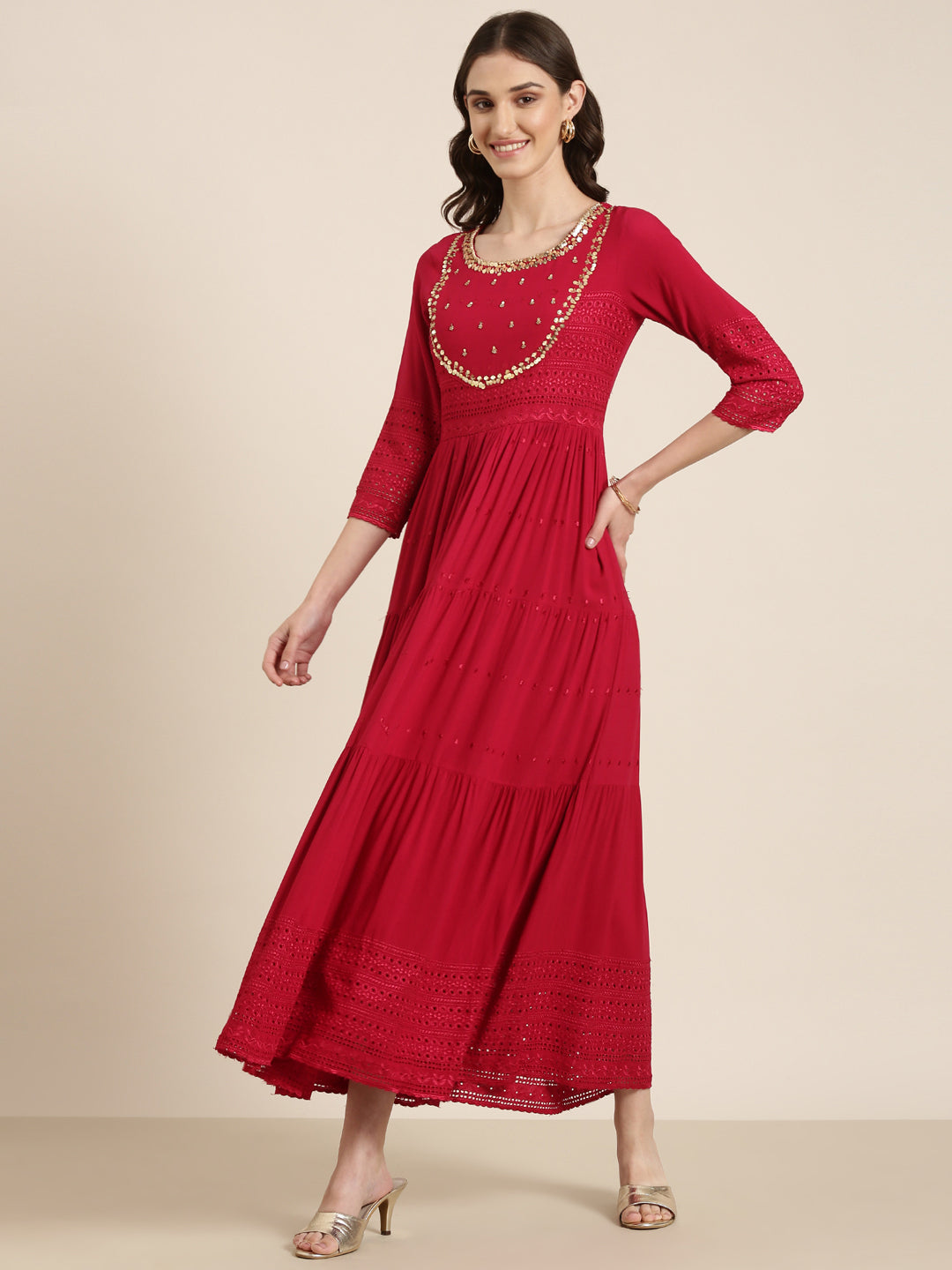 Women Maroon Embellished Fit and Flare Dress