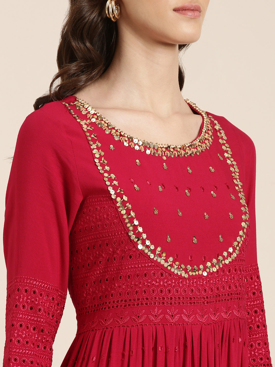 Women Maroon Embellished Fit and Flare Dress