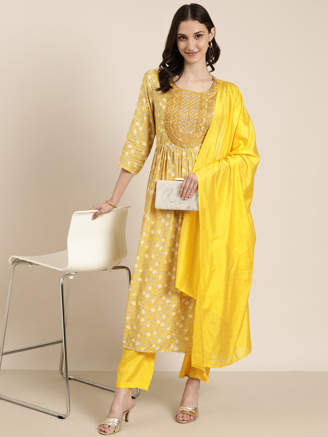 Women Yellow Floral Kurta Set