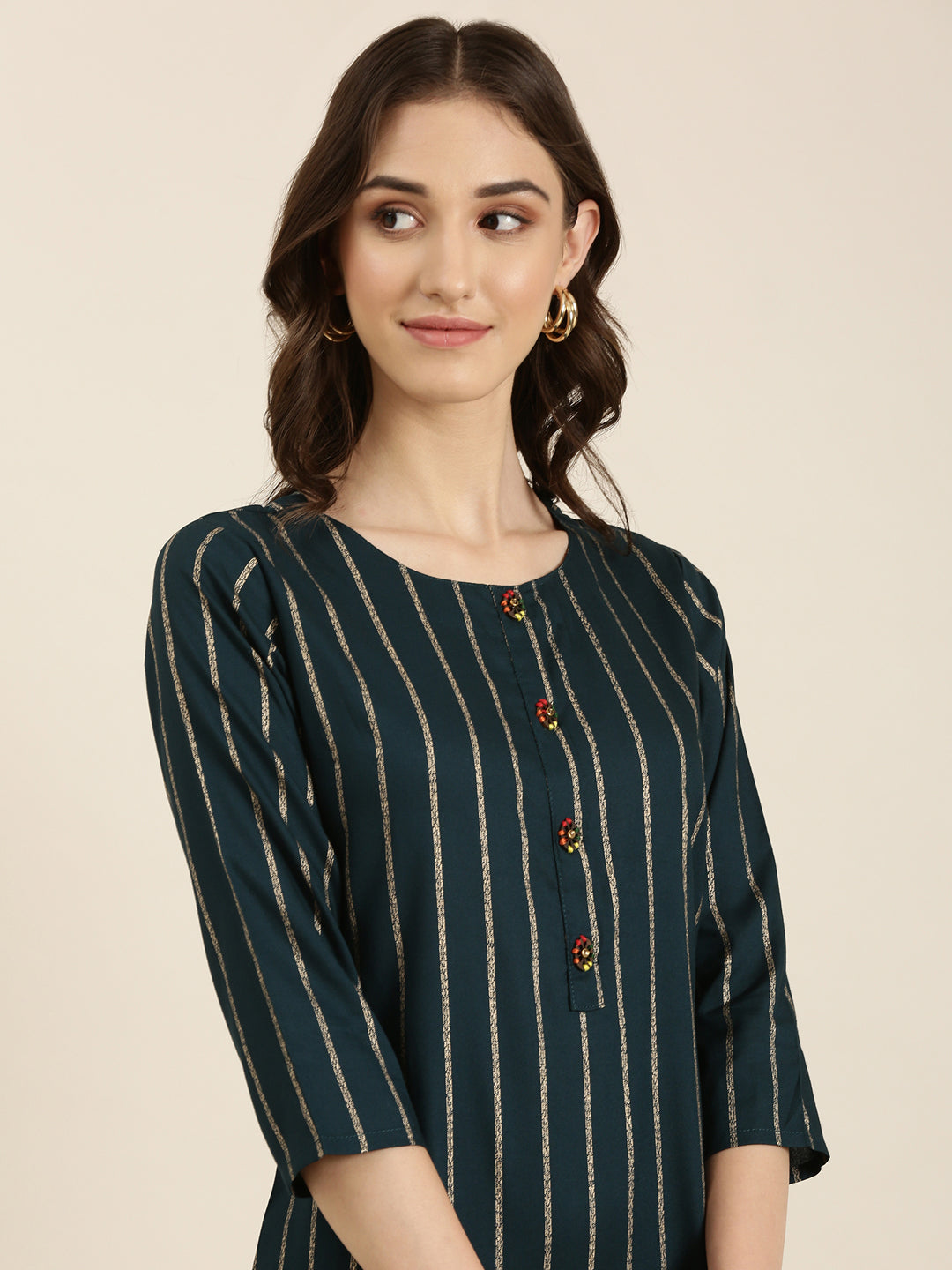 Women Teal Striped Straight Kurta