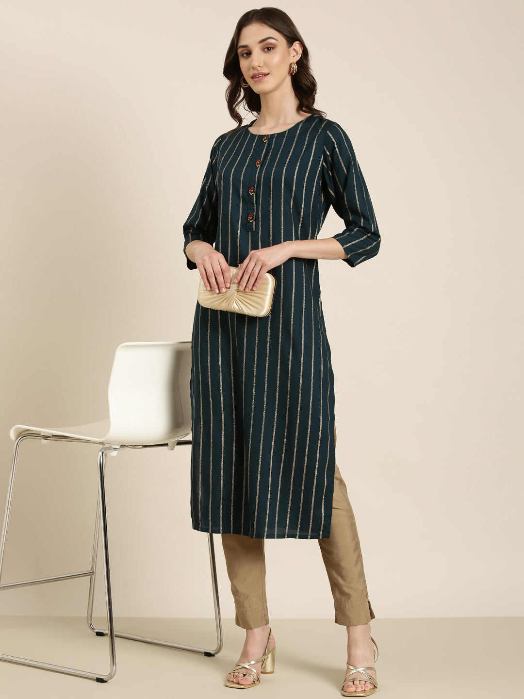 Women Teal Striped Straight Kurta