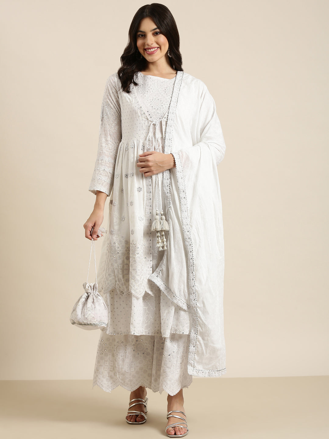 Women Anarkali White Floral Kurta and Sharara Set Comes With Dupatta and Potli Bag & Coat