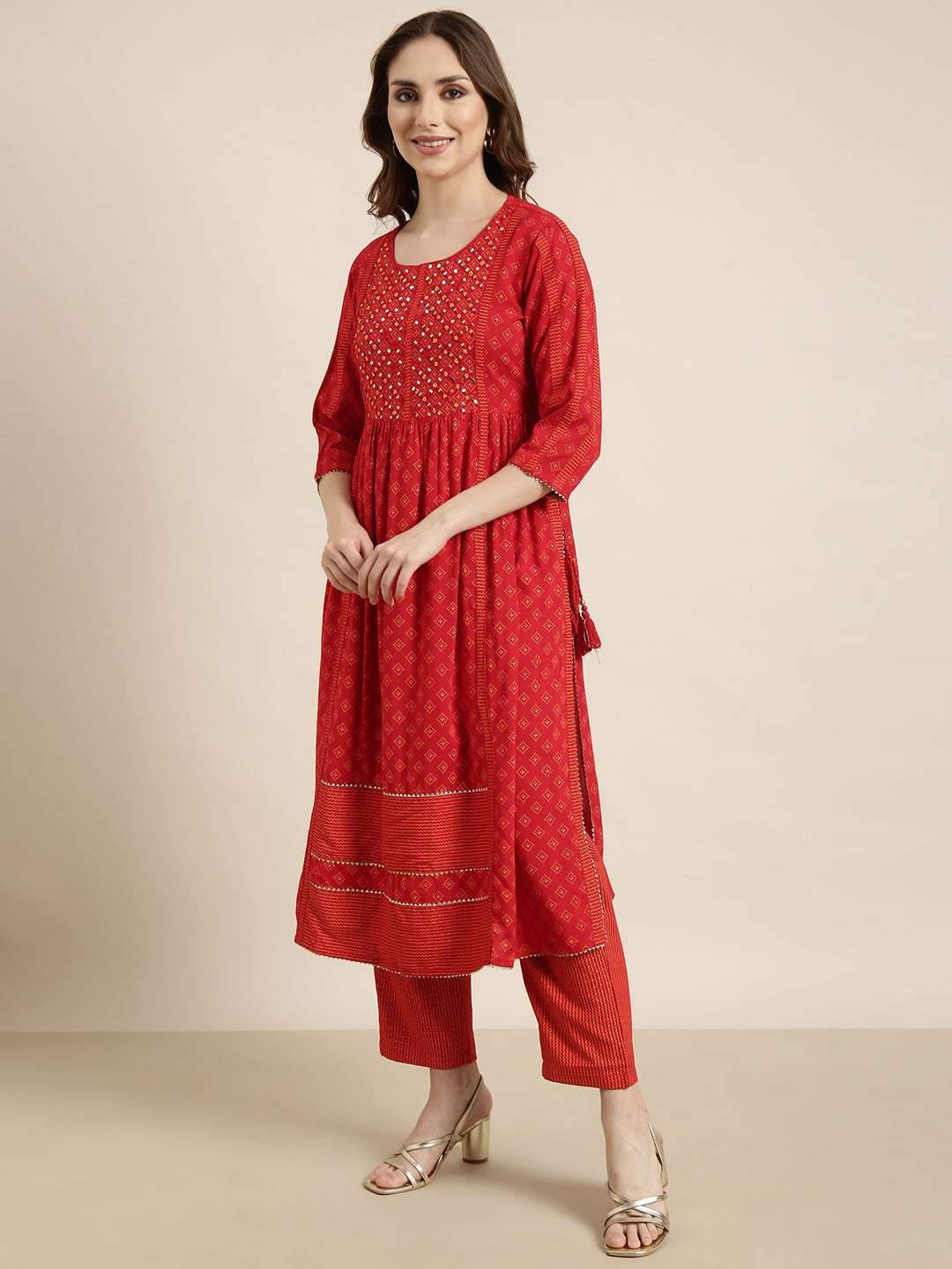 Women A-Line Red Geometric Kurta and Trousers Set Comes With Dupatta and Potli Bag