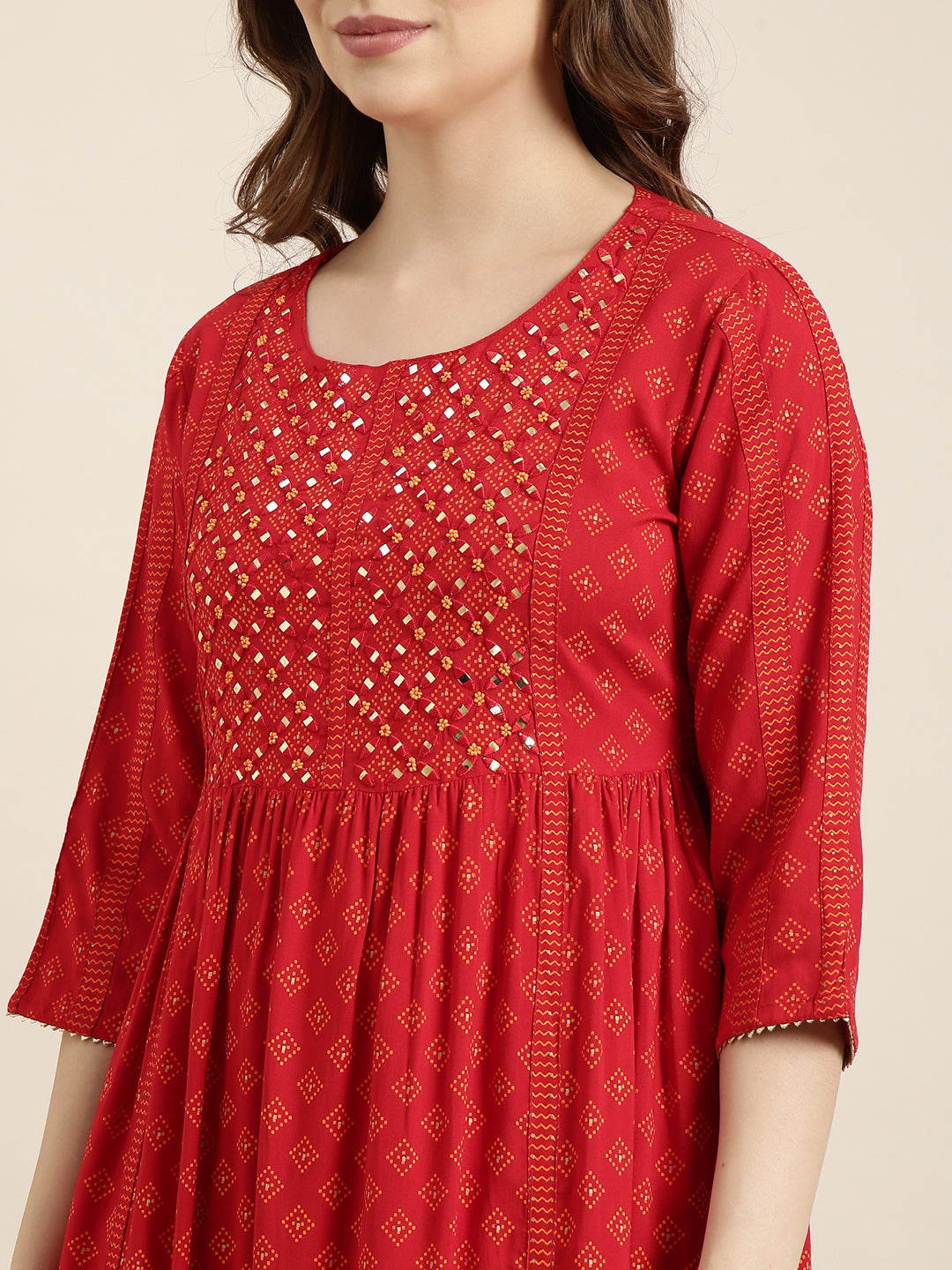 Women A-Line Red Geometric Kurta and Trousers Set Comes With Dupatta and Potli Bag