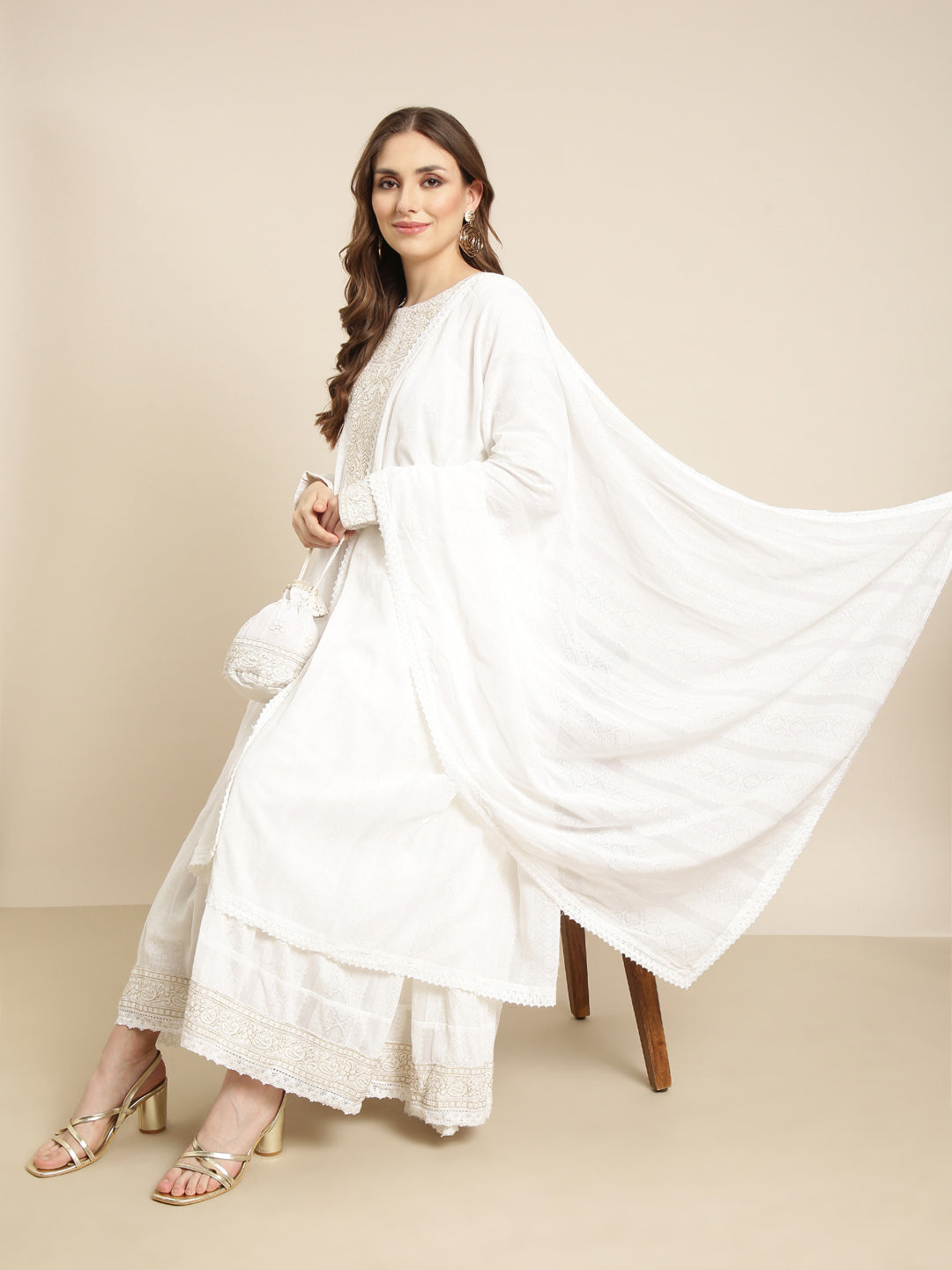 Women Anarkali Off White Floral Kurta and Trousers Set Comes With Dupatta and Potli Bag