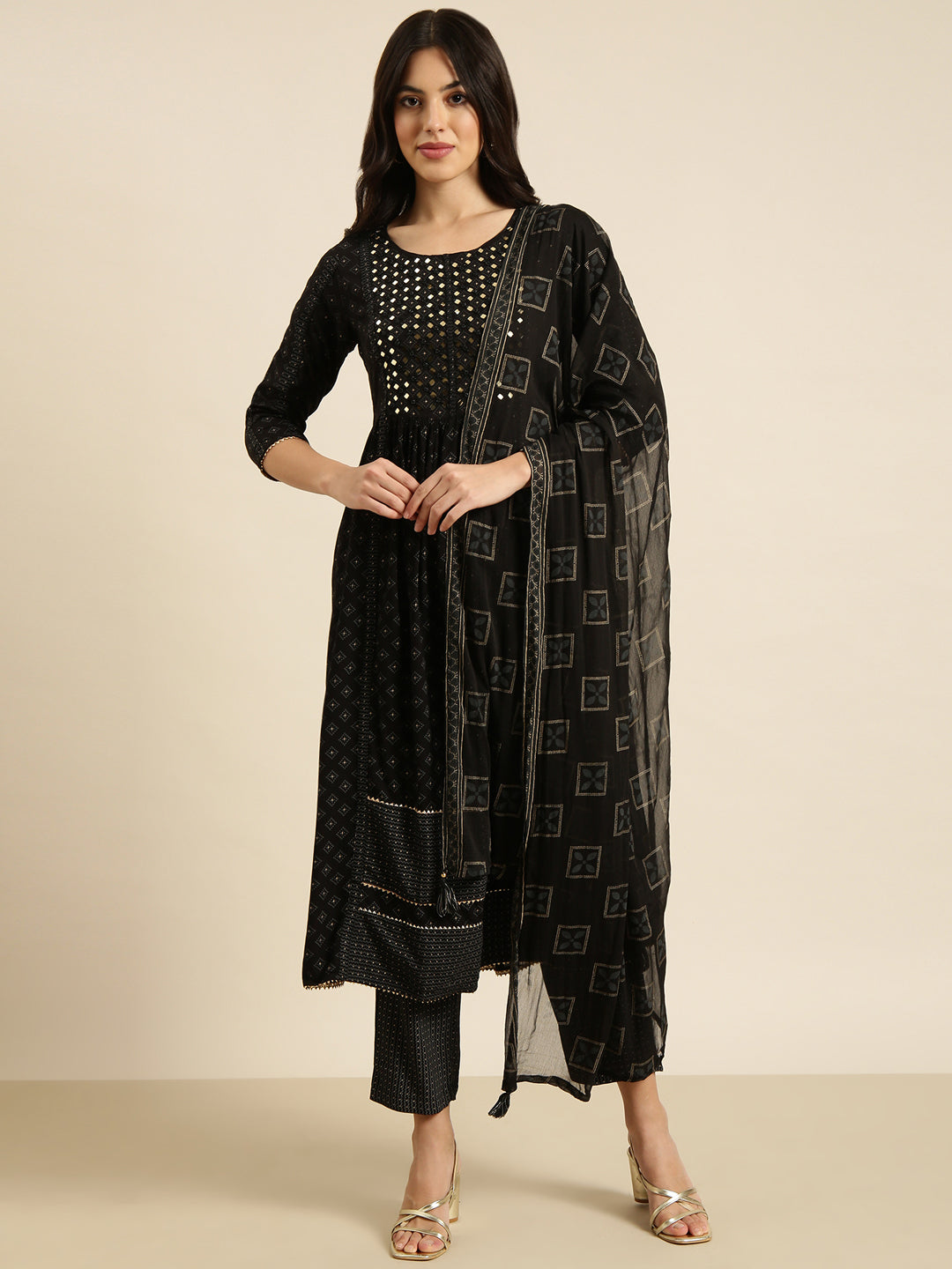Women A-Line Black Printed Kurta and Trousers Set Comes With Dupatta