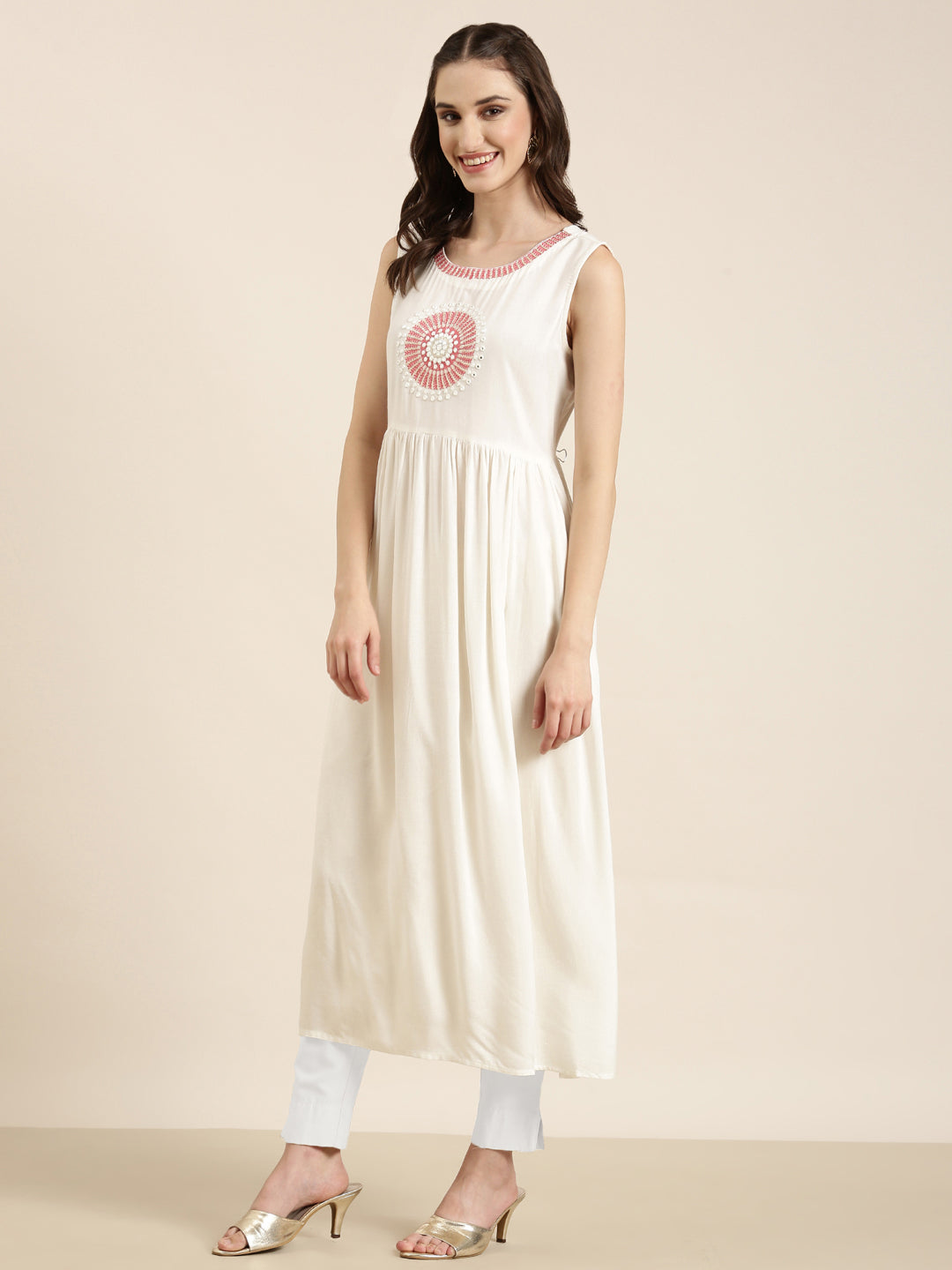 Women Off White Solid Anarkali Kurta