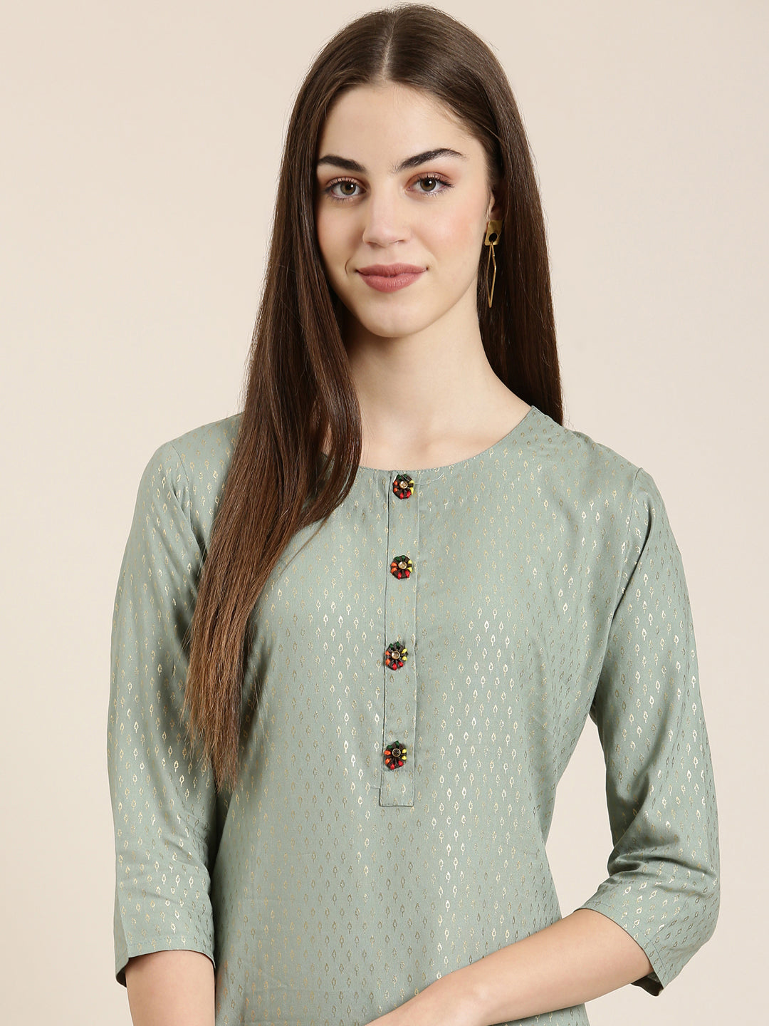 Women Sea Green Floral Straight Kurta