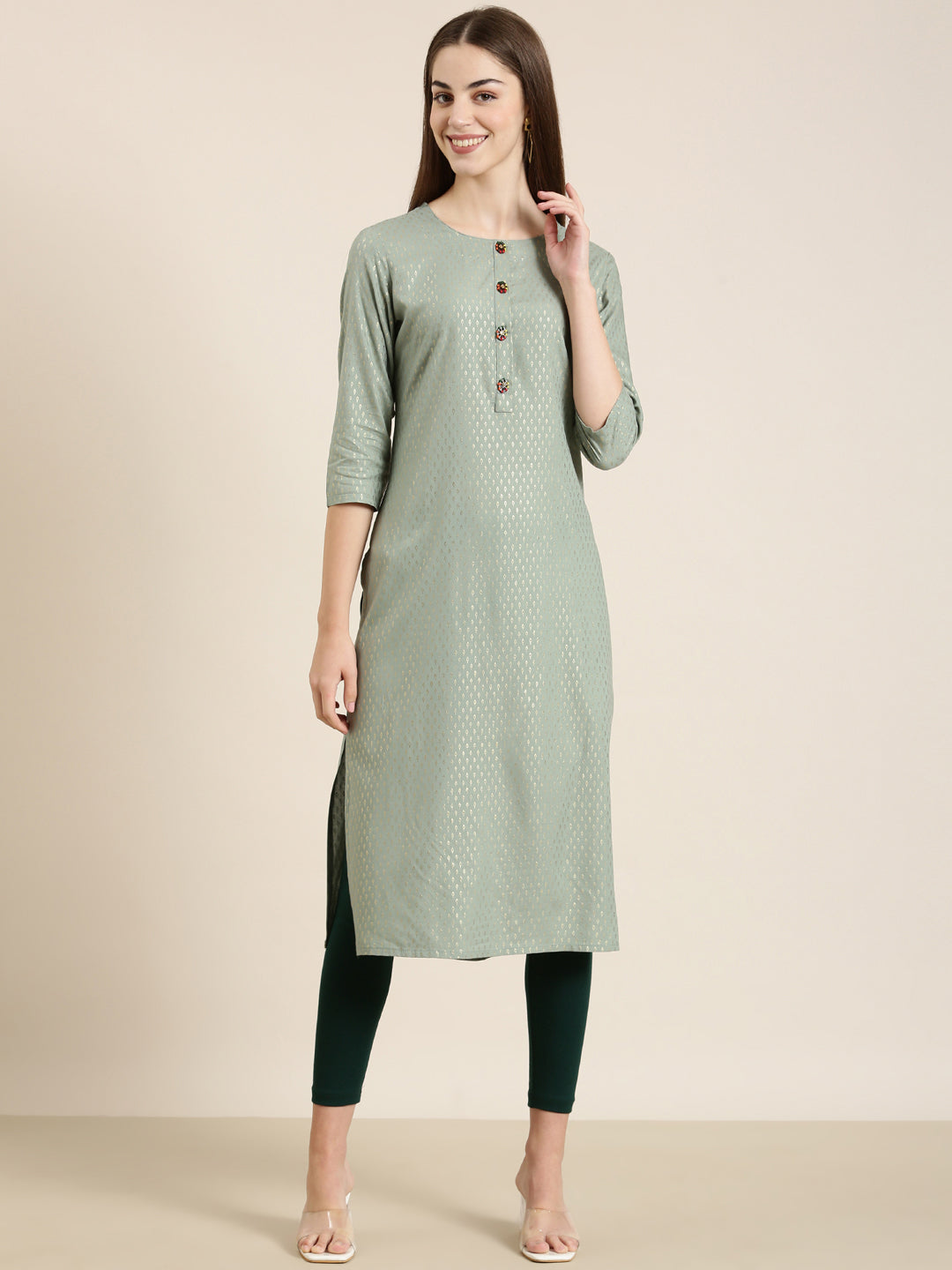 Women Sea Green Floral Straight Kurta