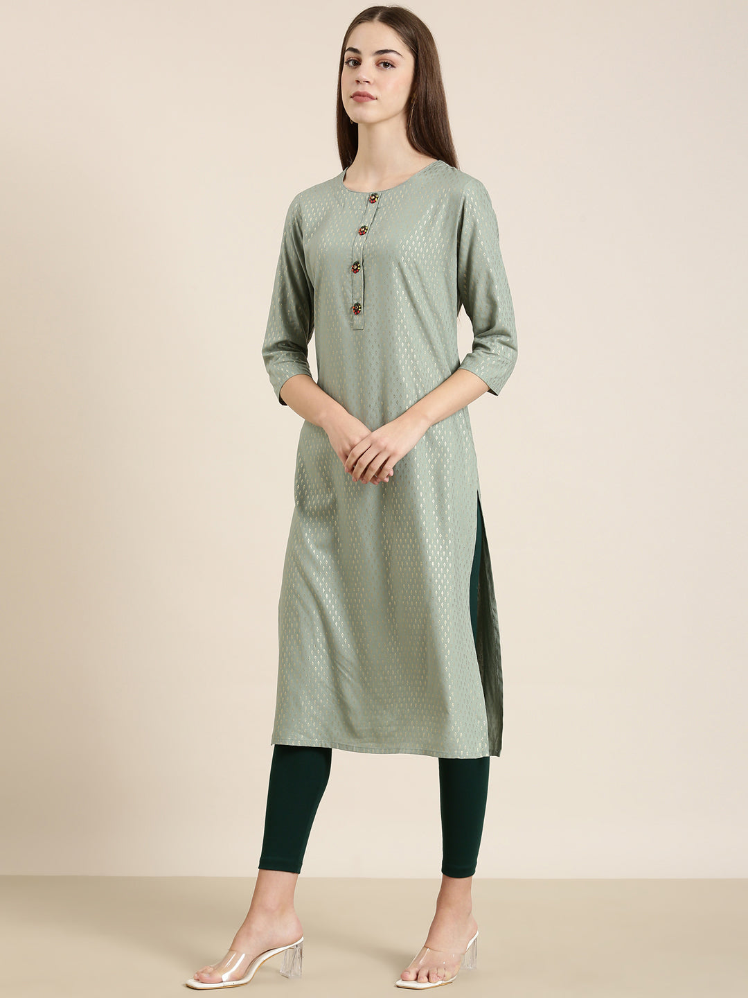 Women Sea Green Floral Straight Kurta