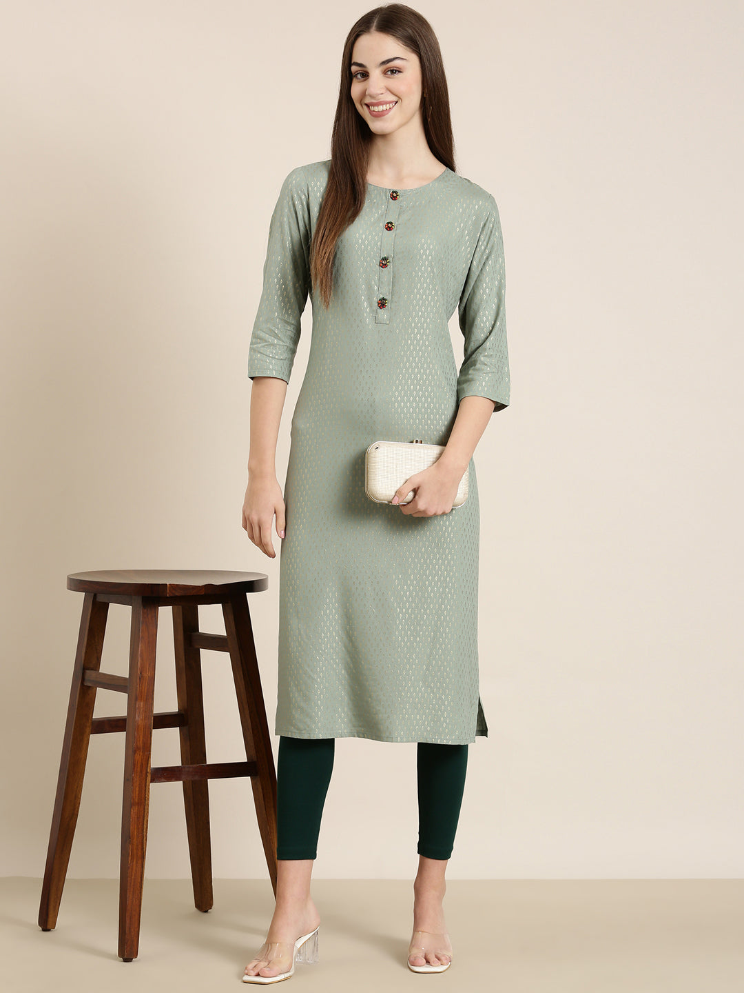 Women Sea Green Floral Straight Kurta