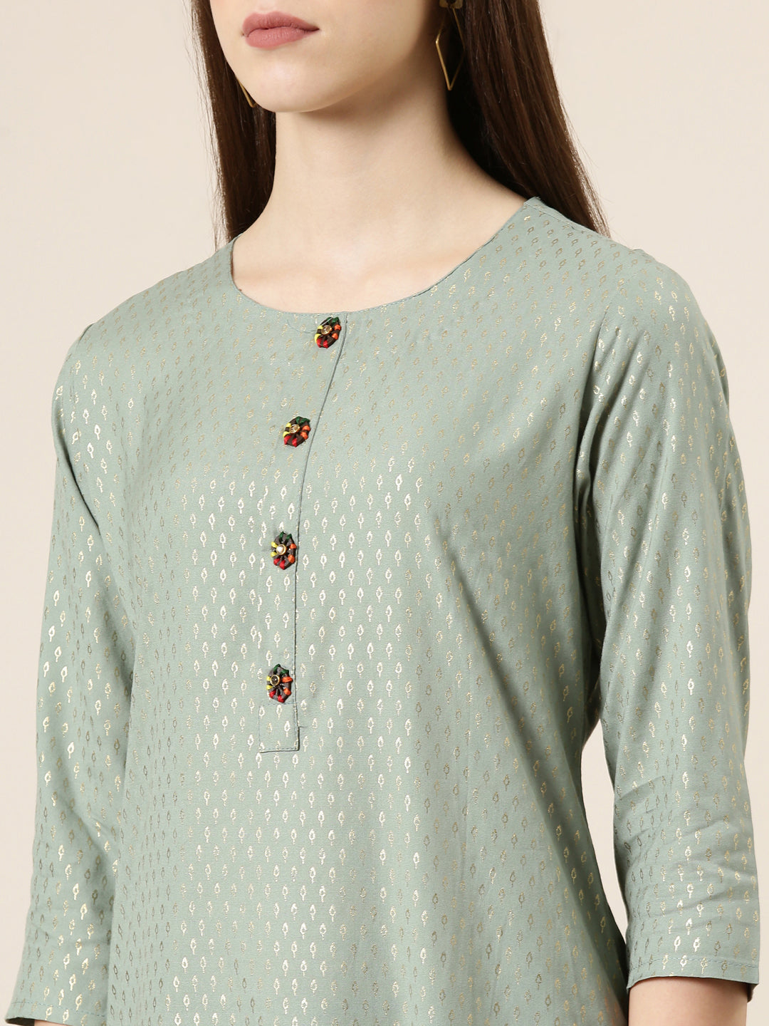 Women Sea Green Floral Straight Kurta