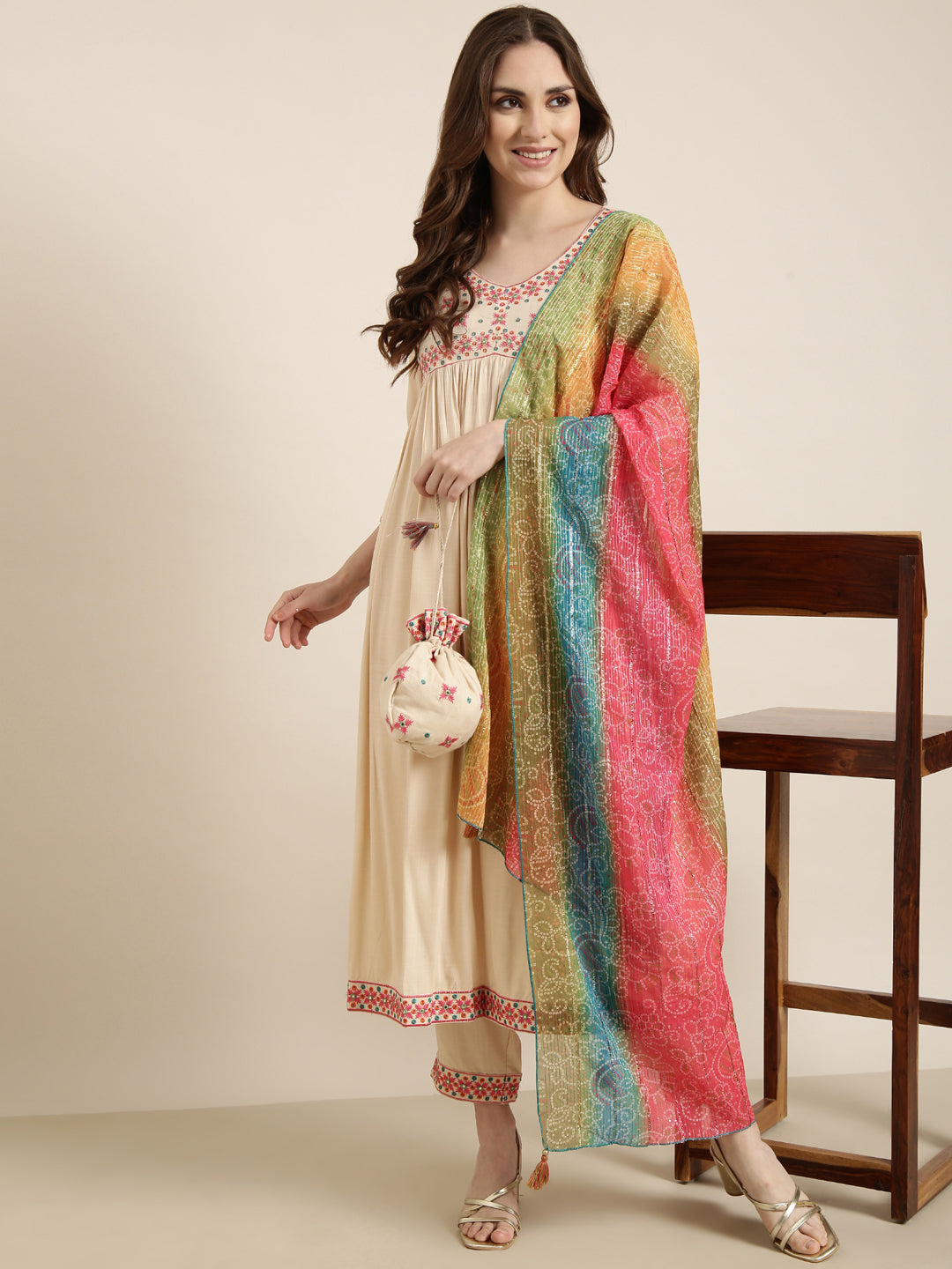 Women Anarkali Beige Solid Kurta and Trousers Set Comes With Dupatta