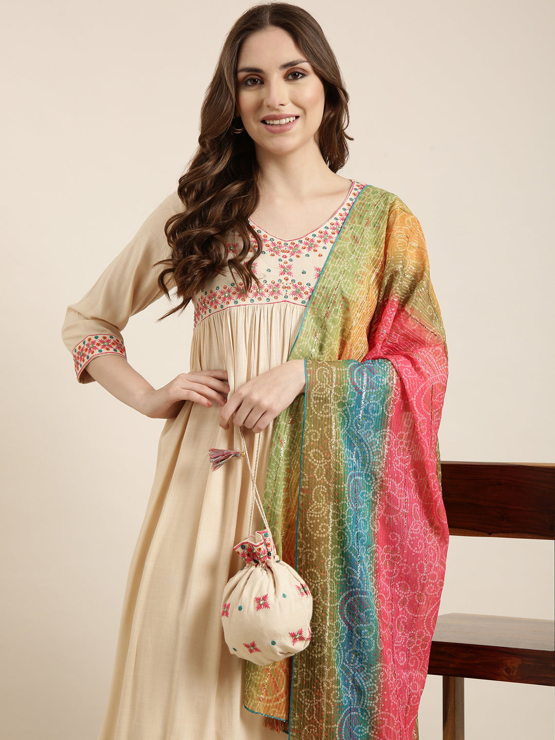 Women Anarkali Beige Solid Kurta and Trousers Set Comes With Dupatta