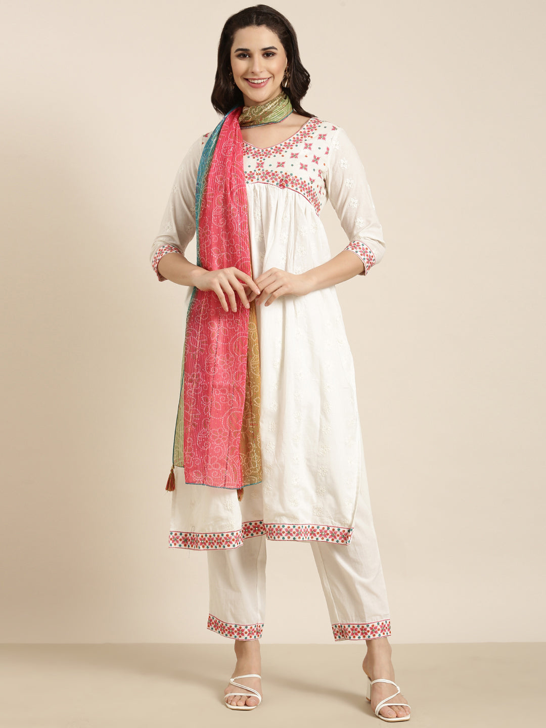 Women A-Line Off White Solid Kurta and Trousers Set Comes With Dupatta