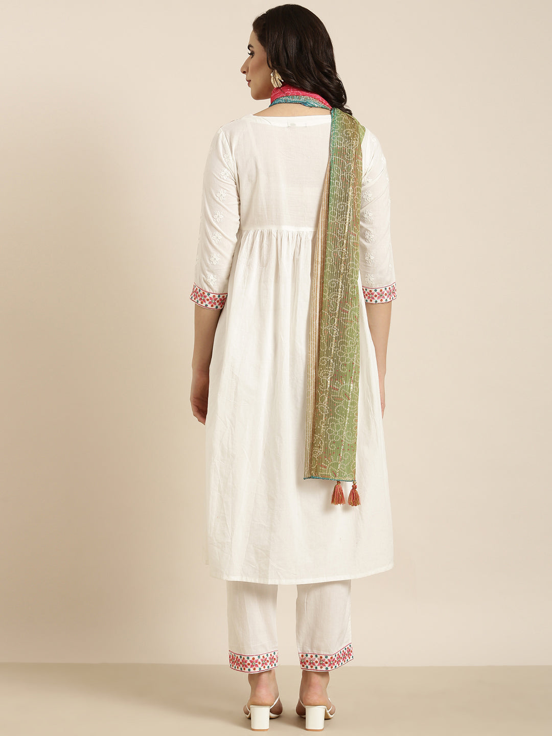 Women A-Line Off White Solid Kurta and Trousers Set Comes With Dupatta