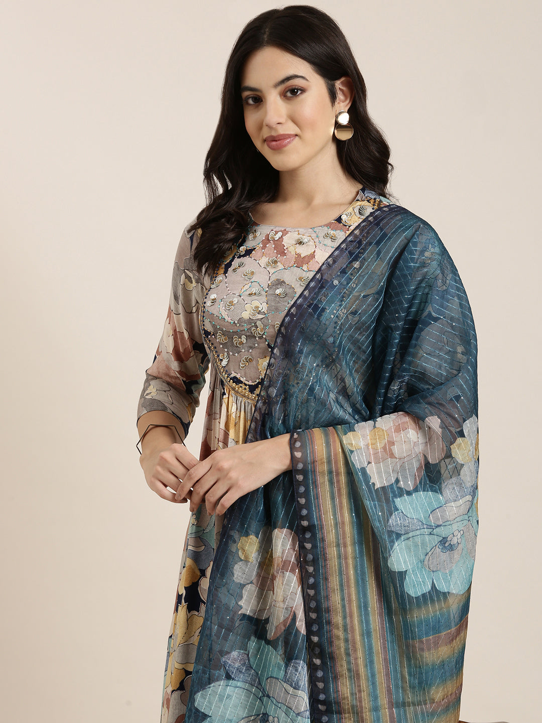 Women Straight Multi Floral Kurta and Trousers Set Comes With Dupatta