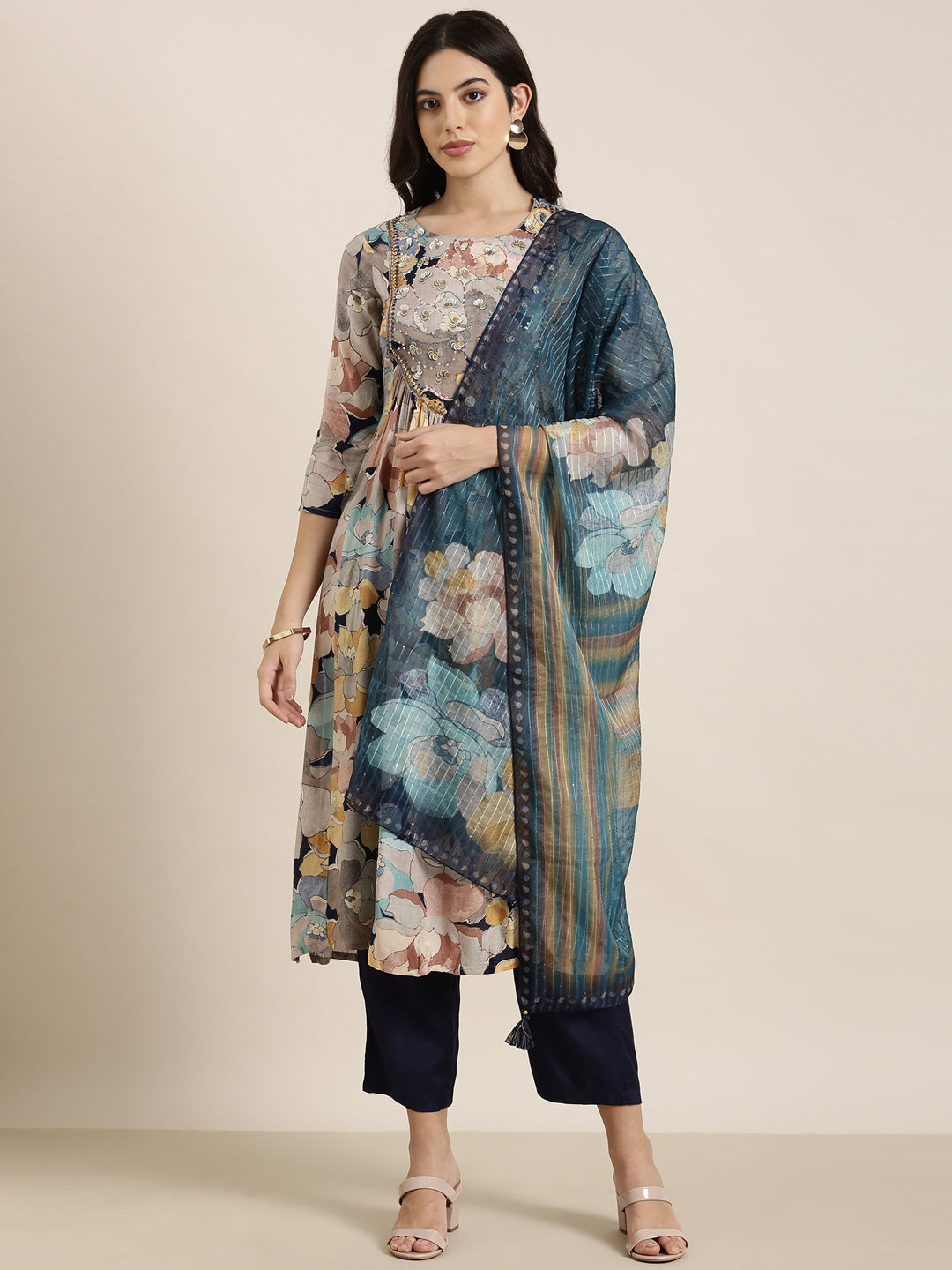 Women Straight Multi Floral Kurta and Trousers Set Comes With Dupatta