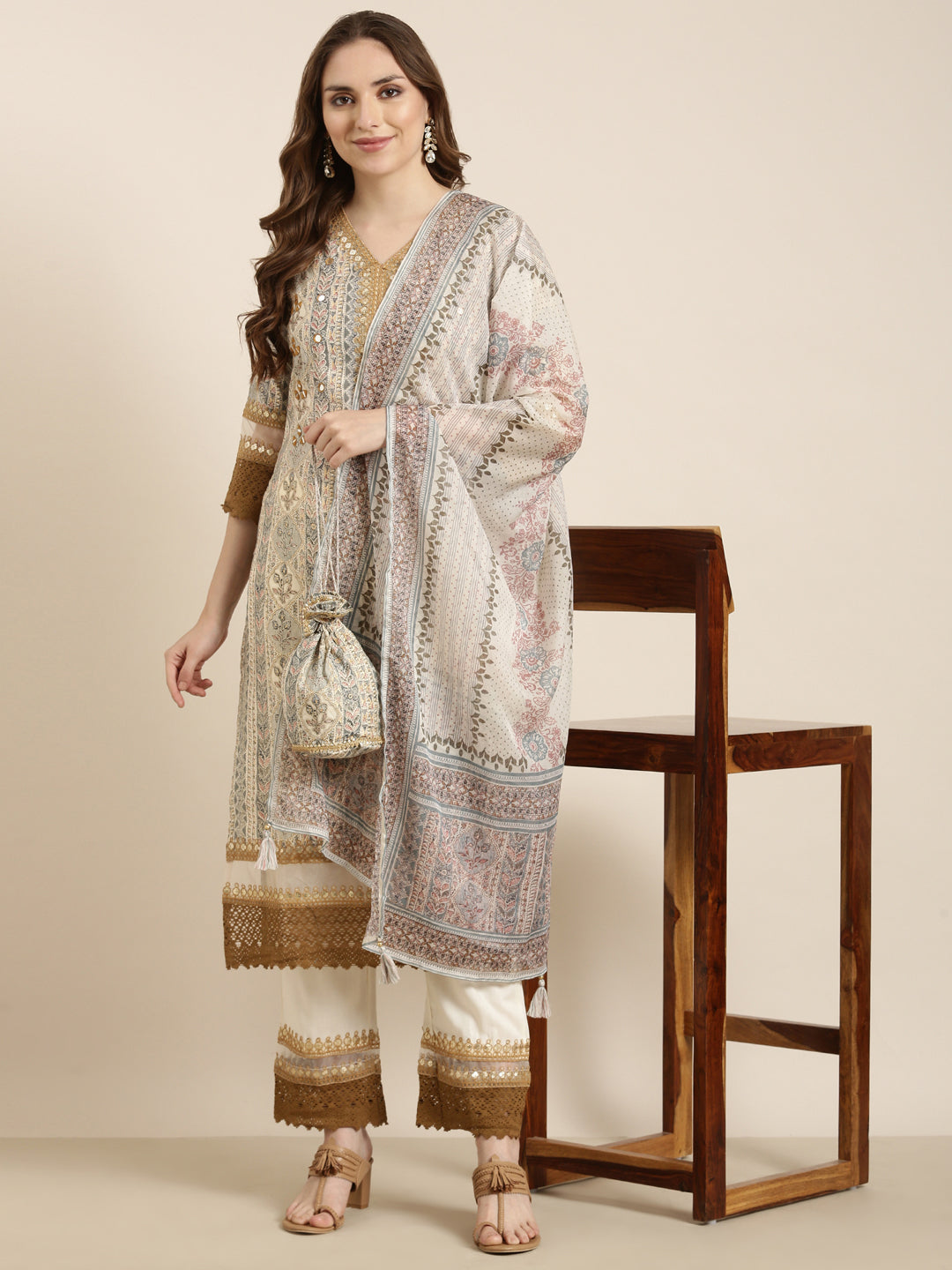 Women Straight Beige Floral Kurta and Trousers Set Comes With Dupatta