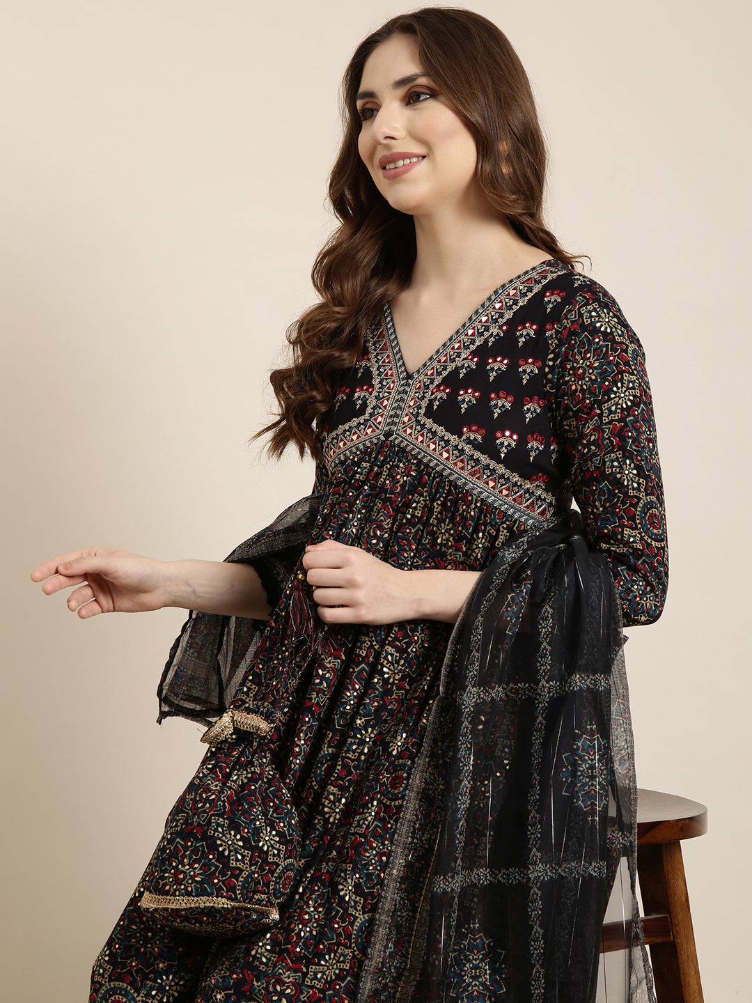 Women A-Line Navy Blue Ethnic Motifs Kurta and Trousers Set Comes With Dupatta