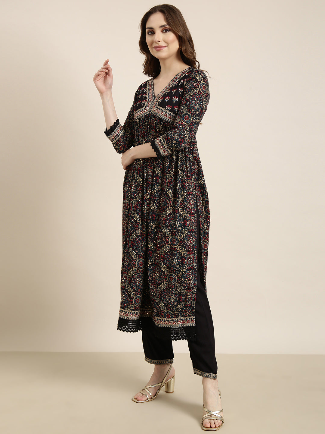 Women A-Line Navy Blue Ethnic Motifs Kurta and Trousers Set Comes With Dupatta