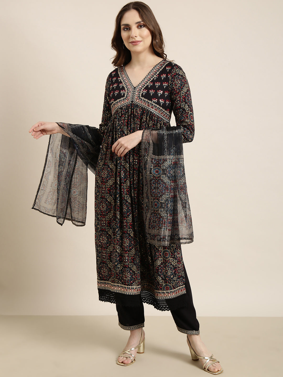 Women A-Line Navy Blue Ethnic Motifs Kurta and Trousers Set Comes With Dupatta