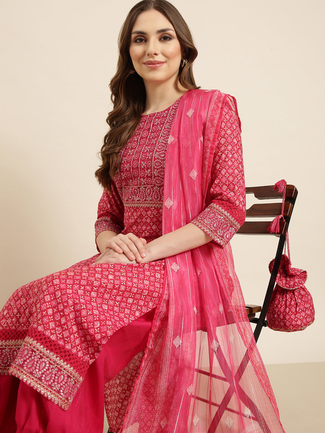 Women Straight Pink Geometric Kurta and Patiala Set Comes With Dupatta and Potli Bag