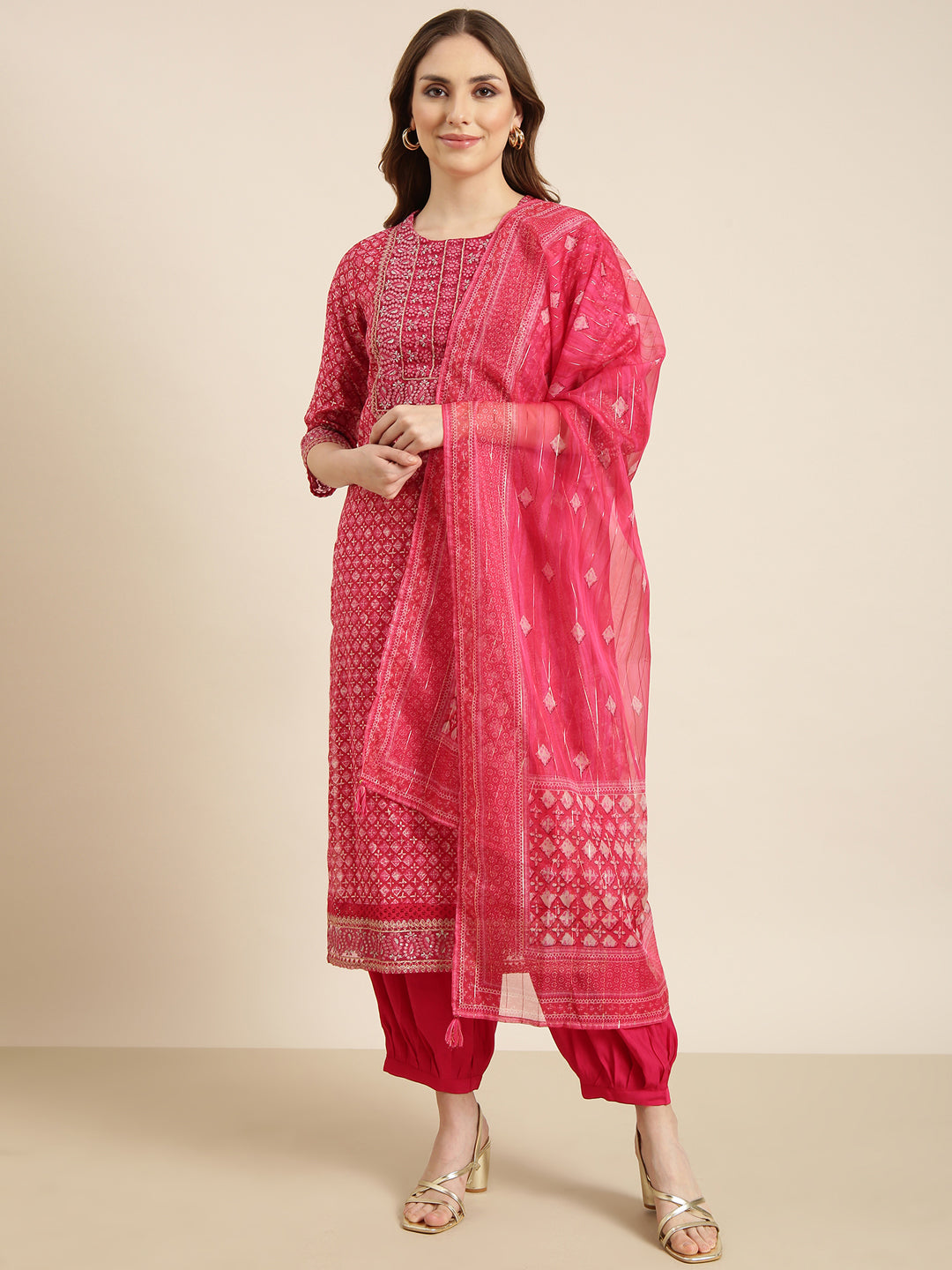 Women Straight Pink Geometric Kurta and Patiala Set Comes With Dupatta and Potli Bag