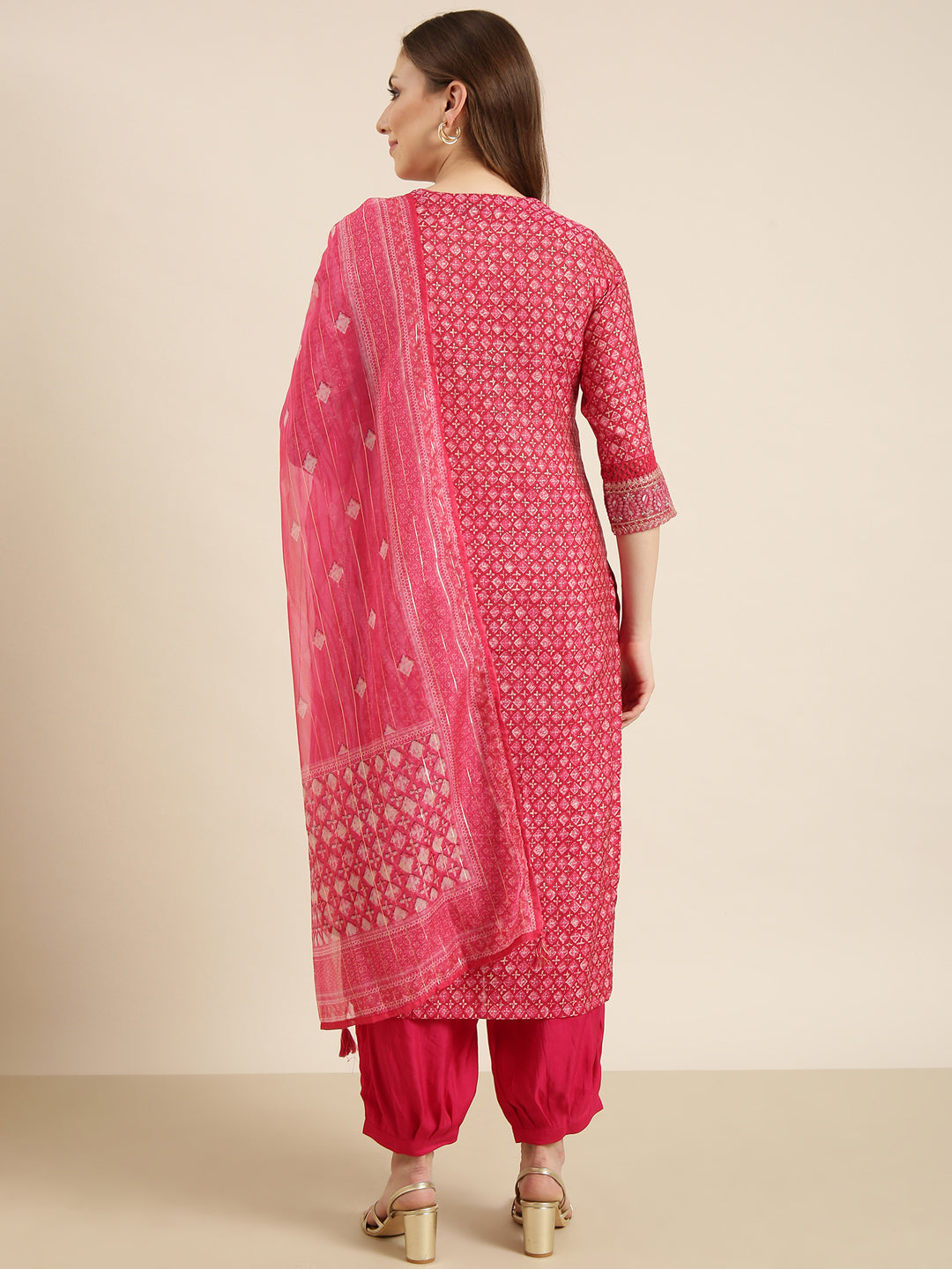 Women Straight Pink Geometric Kurta and Patiala Set Comes With Dupatta and Potli Bag