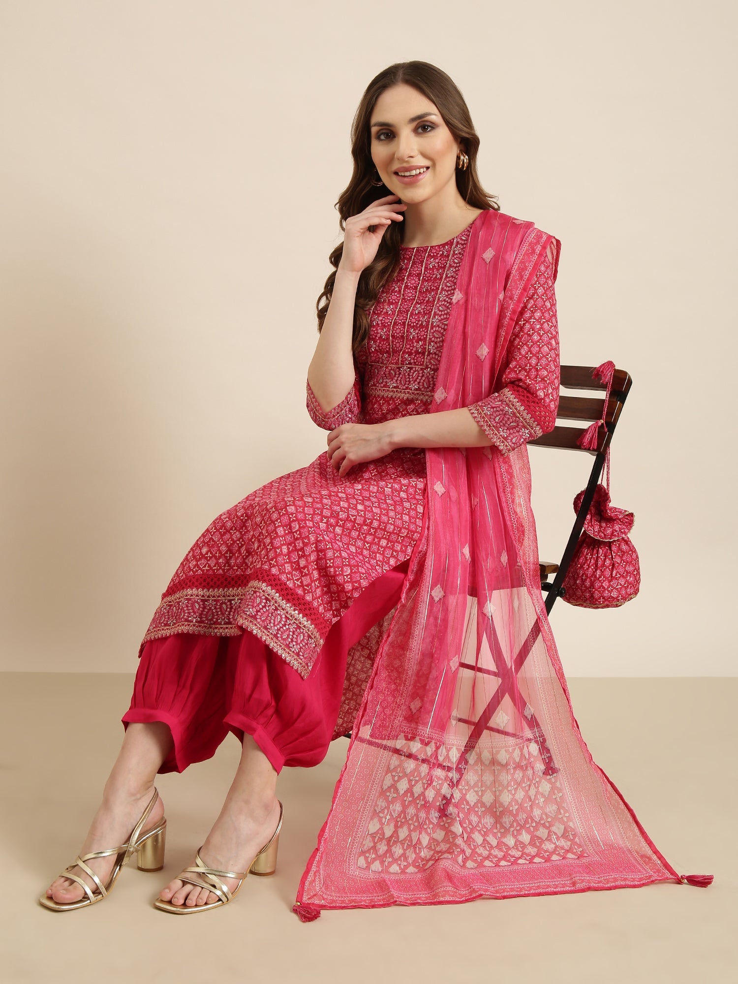 Women Straight Pink Geometric Kurta and Patiala Set Comes With Dupatta and Potli Bag