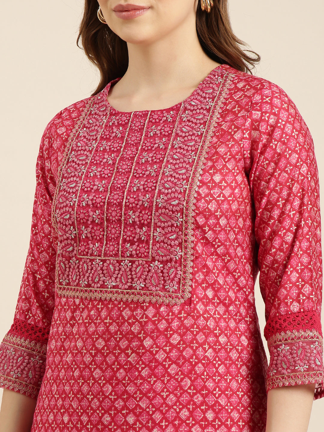 Women Straight Pink Geometric Kurta and Patiala Set Comes With Dupatta and Potli Bag