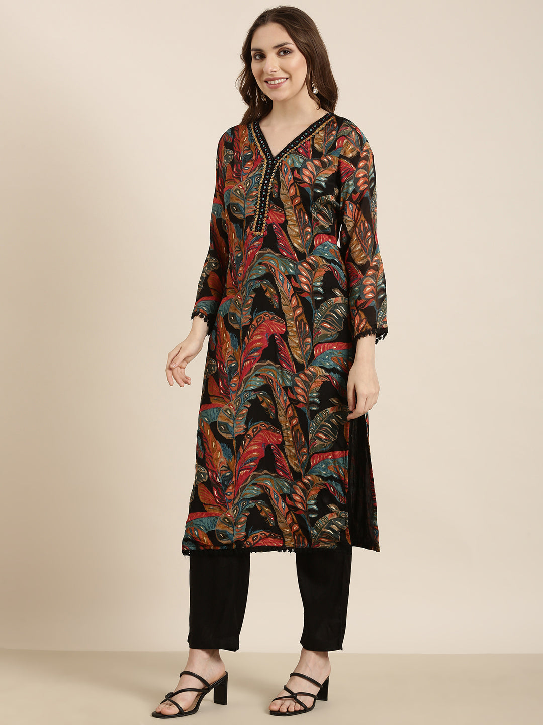 Women Straight Black Floral Kurta and Trousers Set Comes With Dupatta