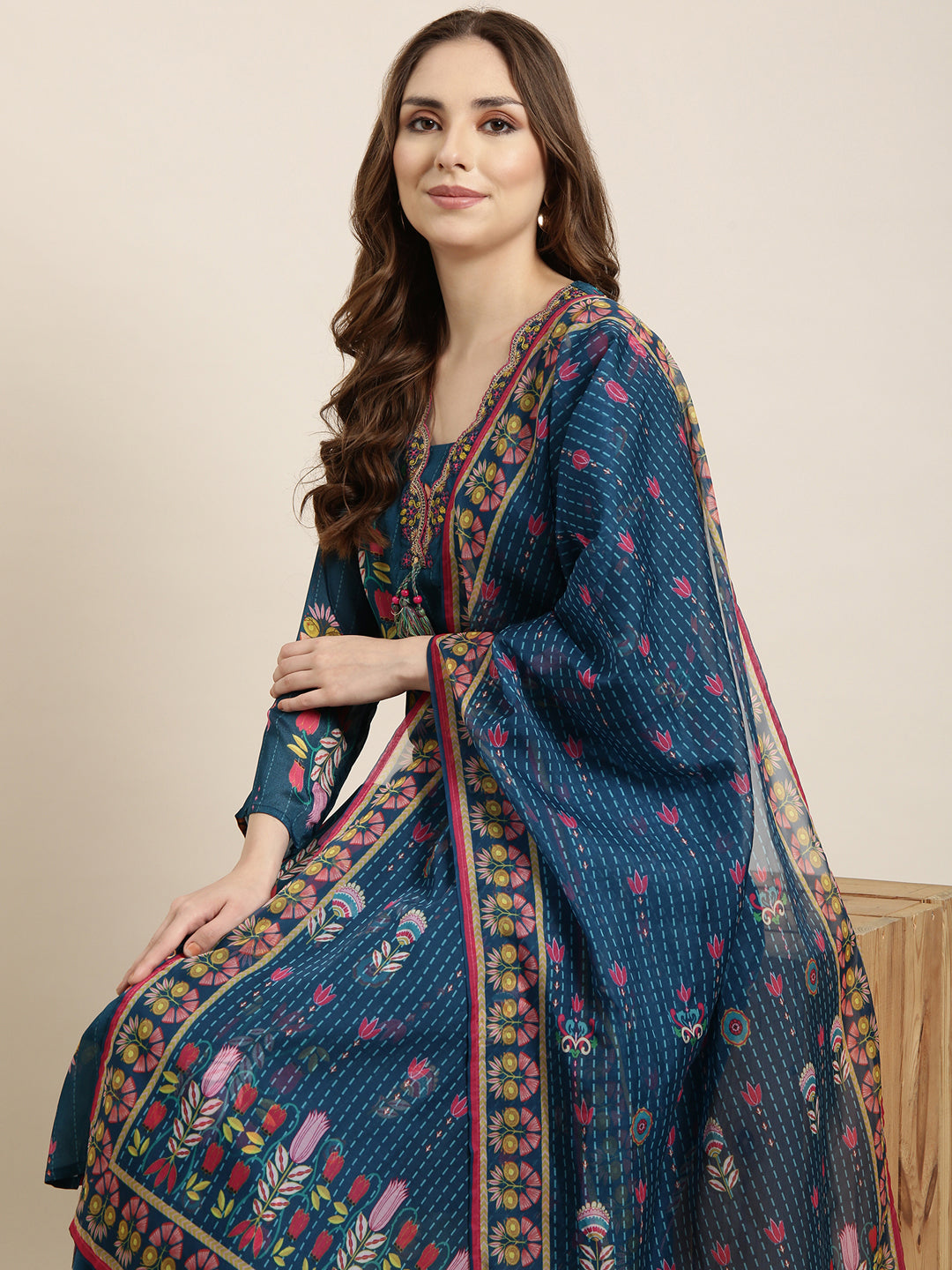 Women Straight Blue Floral Kurta and Trousers Set Comes With Dupatta