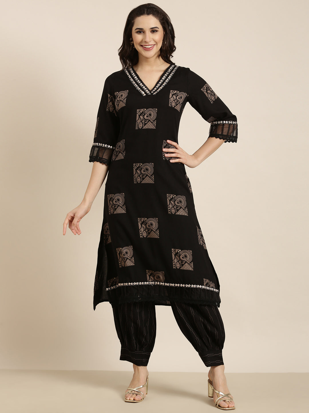 Women Straight Black Ethnic Motifs Kurta and Patiala Set