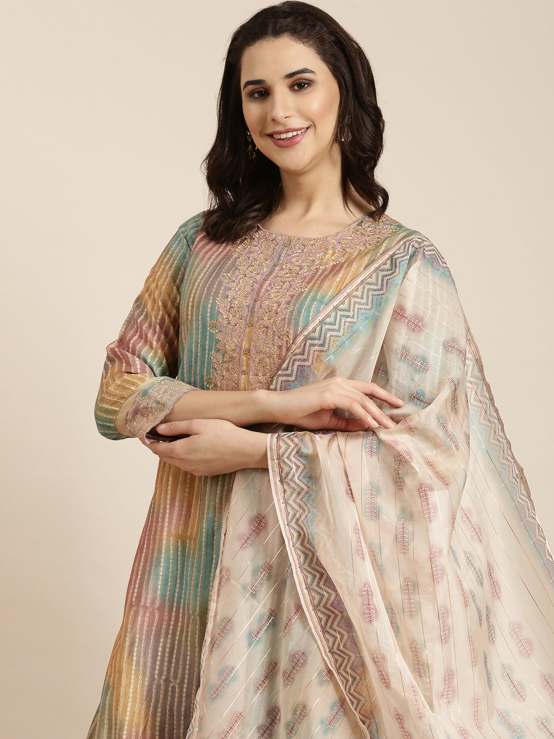Women Straight Multi Striped Kurta and Trousers Set Comes With Dupatta