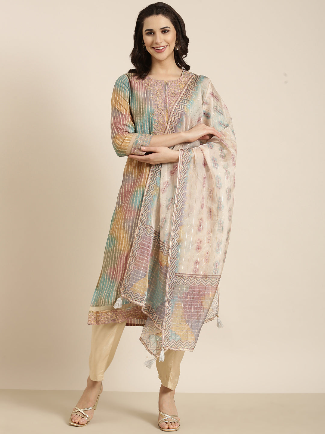 Women Straight Multi Striped Kurta and Trousers Set Comes With Dupatta