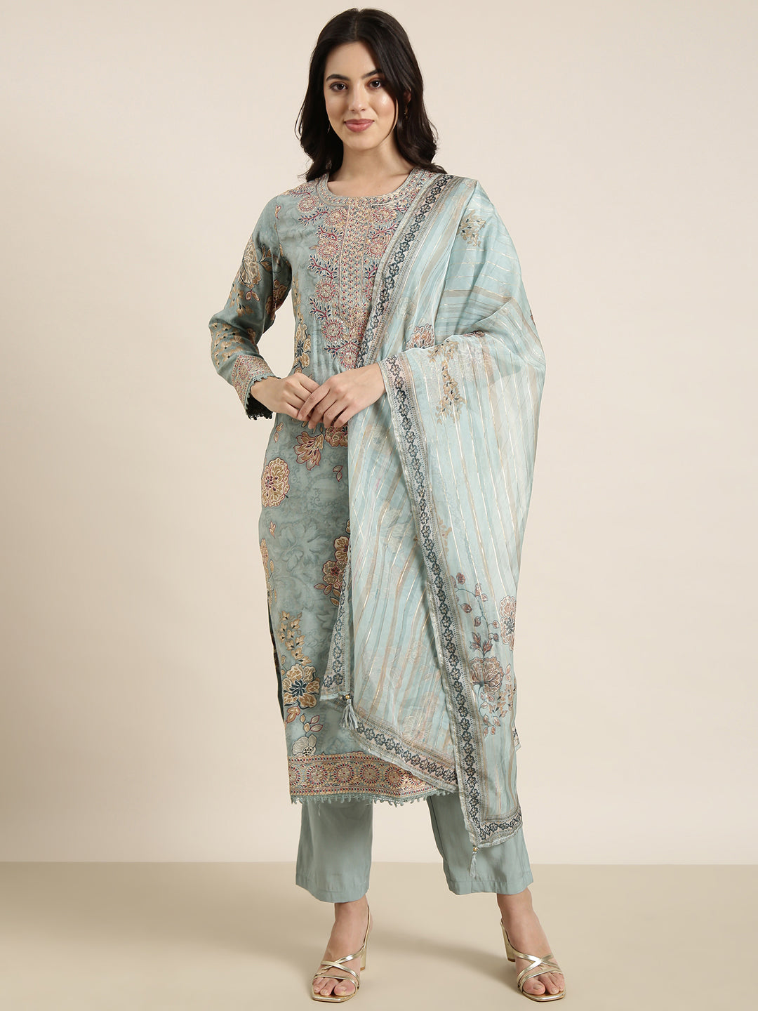 Women Straight Sea Green Solid Kurta and Trousers Set Comes With Dupatta