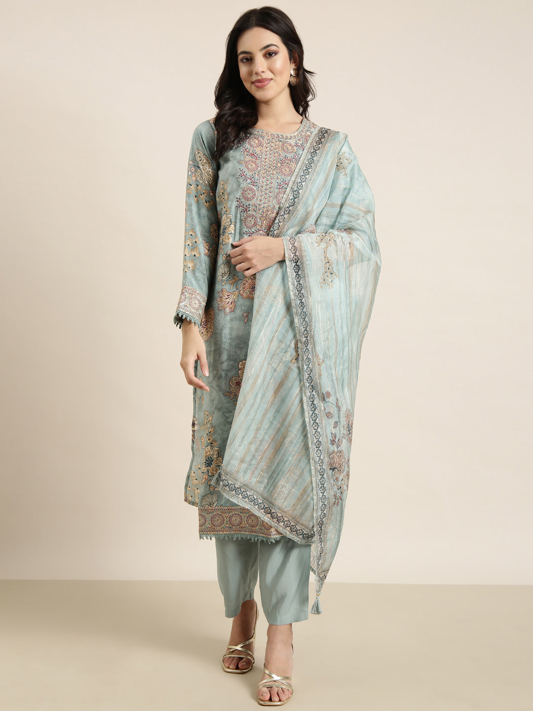 Women Straight Sea Green Solid Kurta and Trousers Set Comes With Dupatta
