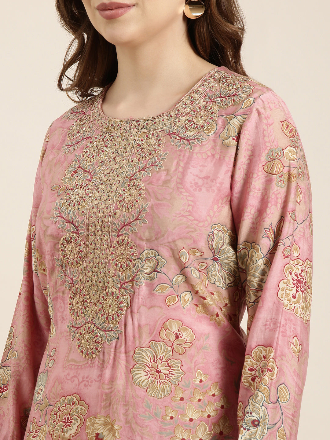 Women Straight Pink Floral Kurta and Trousers Set Comes With Dupatta